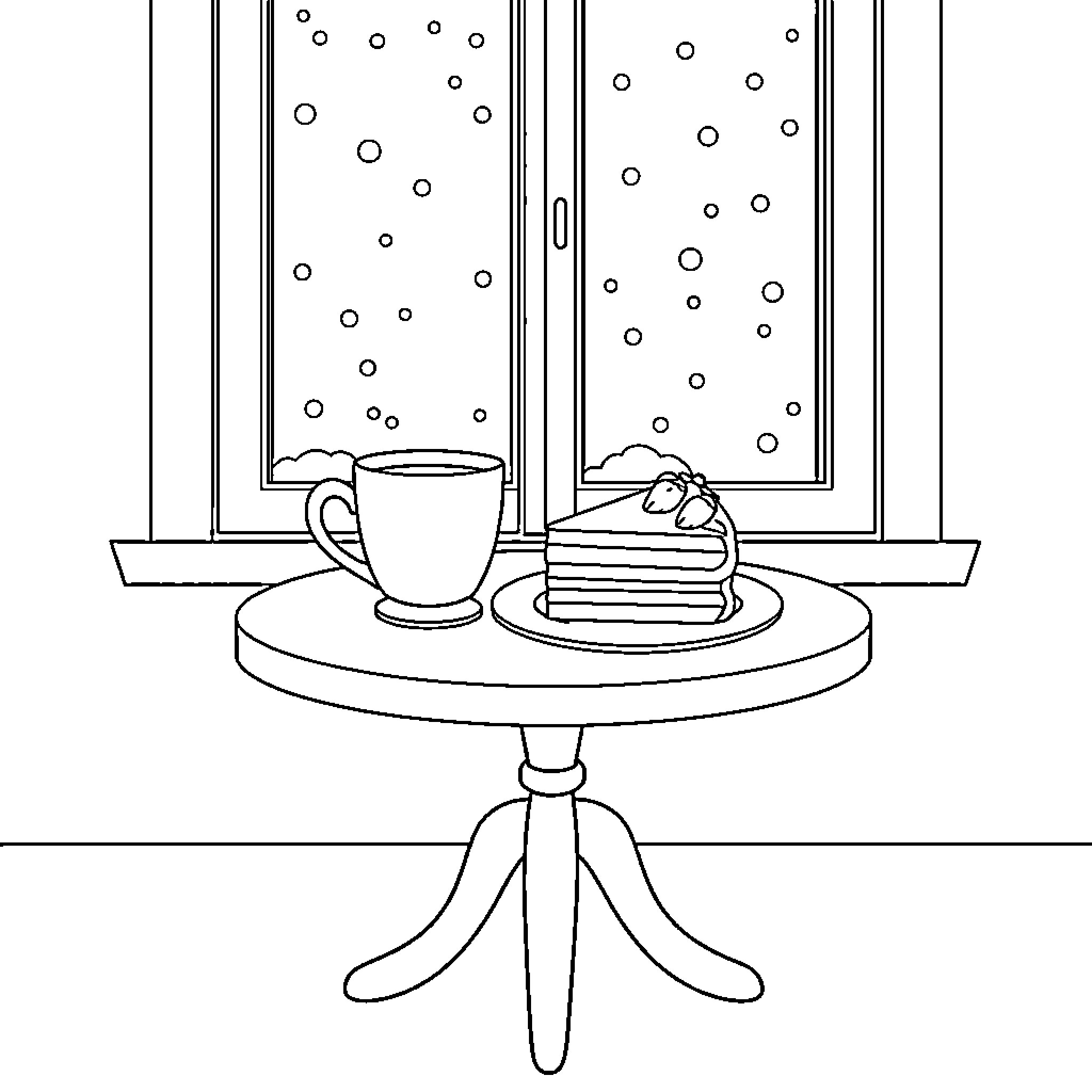 Table with Tea and Cake by Window Coloring Page (free black-and-white line drawing printable PDF for all, from beginners to advanced learners, including children, teens, adults, and seniors)