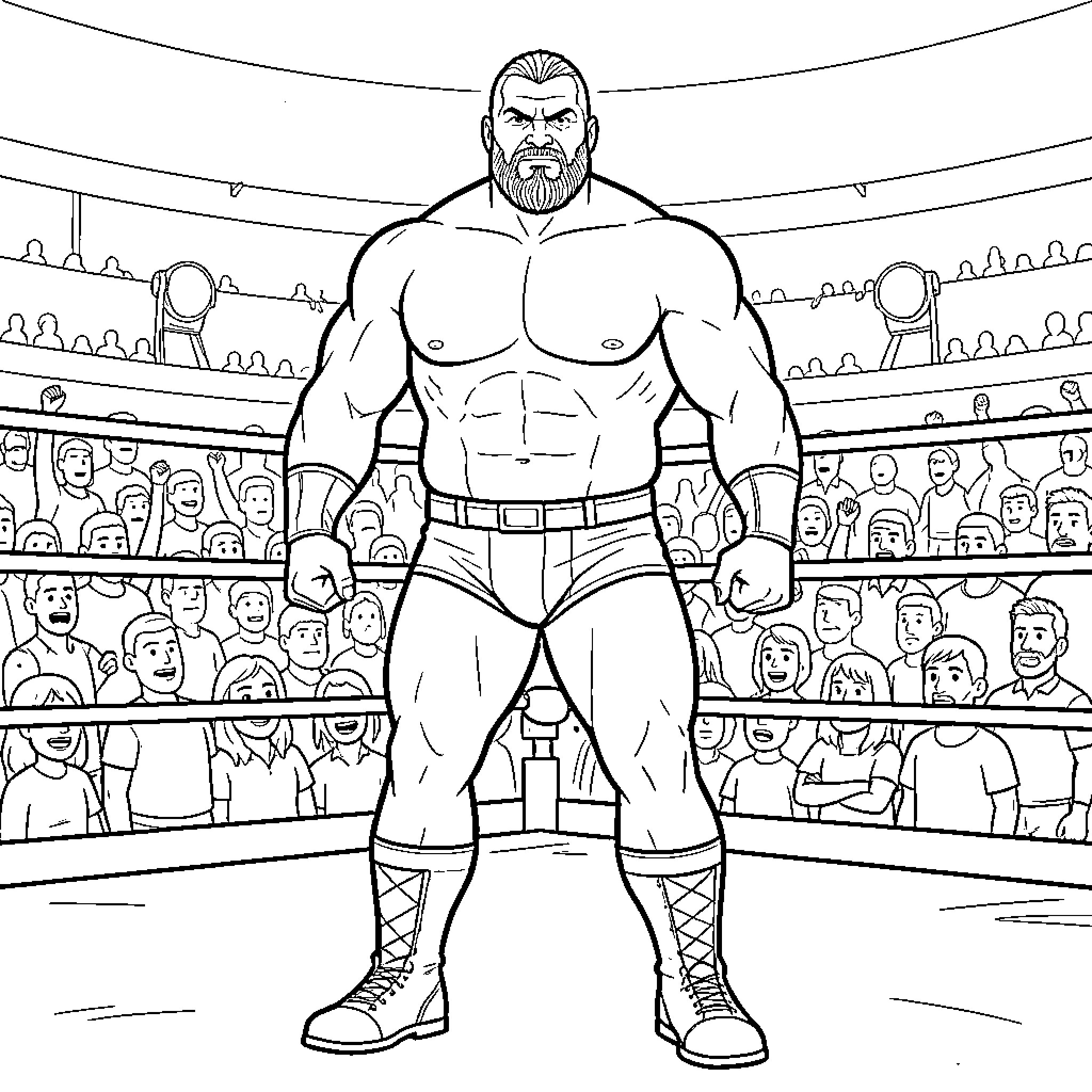Brock Lesnar standing tall in the wrestling ring Coloring Page (free black-and-white line drawing printable PDF for all, from beginners to advanced learners, including children, teens, adults, and seniors)