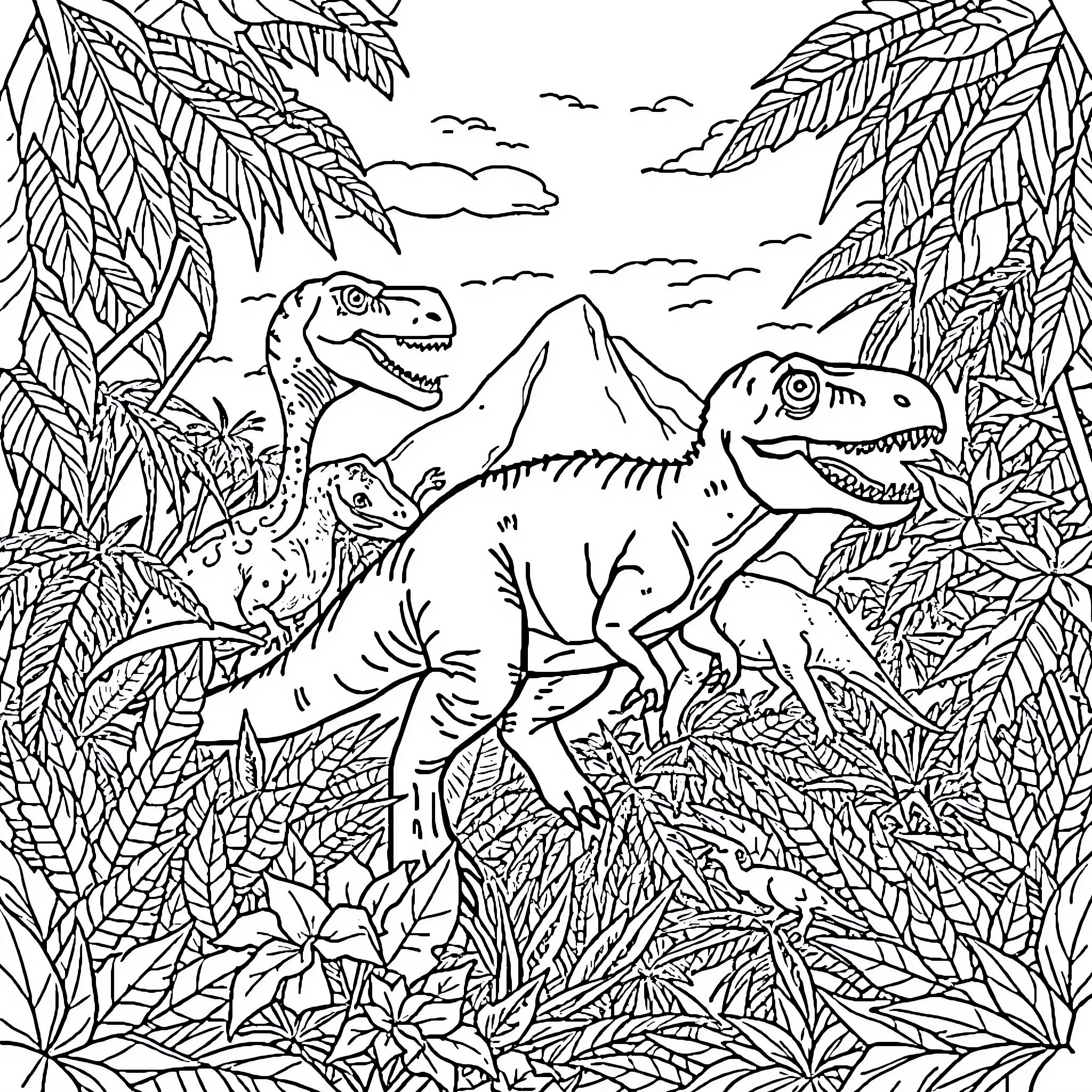 Dinosaurs Roaming in Lush Jungle Landscape Coloring Page (free black-and-white line drawing printable PDF for all, from beginners to advanced learners, including children, teens, adults, and seniors)