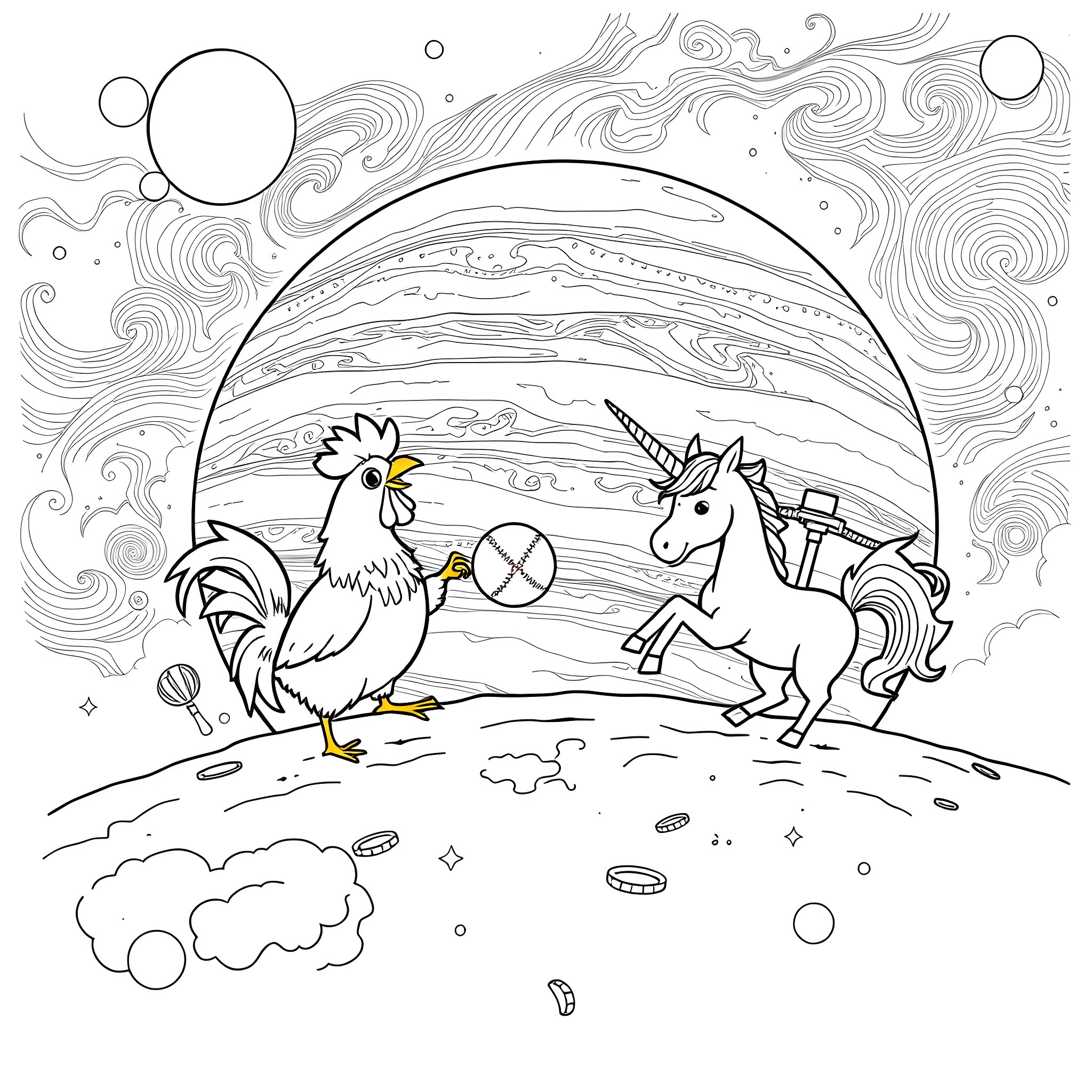 Chicken and Unicorn in Cosmic Landscape Coloring Page (free black-and-white line drawing printable PDF for all, from beginners to advanced learners, including children, teens, adults, and seniors)