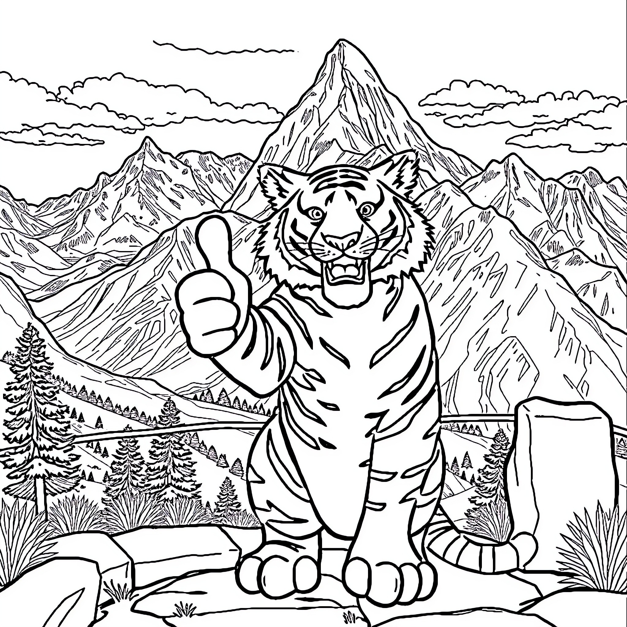 Tiger Giving Thumbs Up in Majestic Mountain Landscape Coloring Page (free black-and-white line drawing printable PDF for all, from beginners to advanced learners, including children, teens, adults, and seniors)