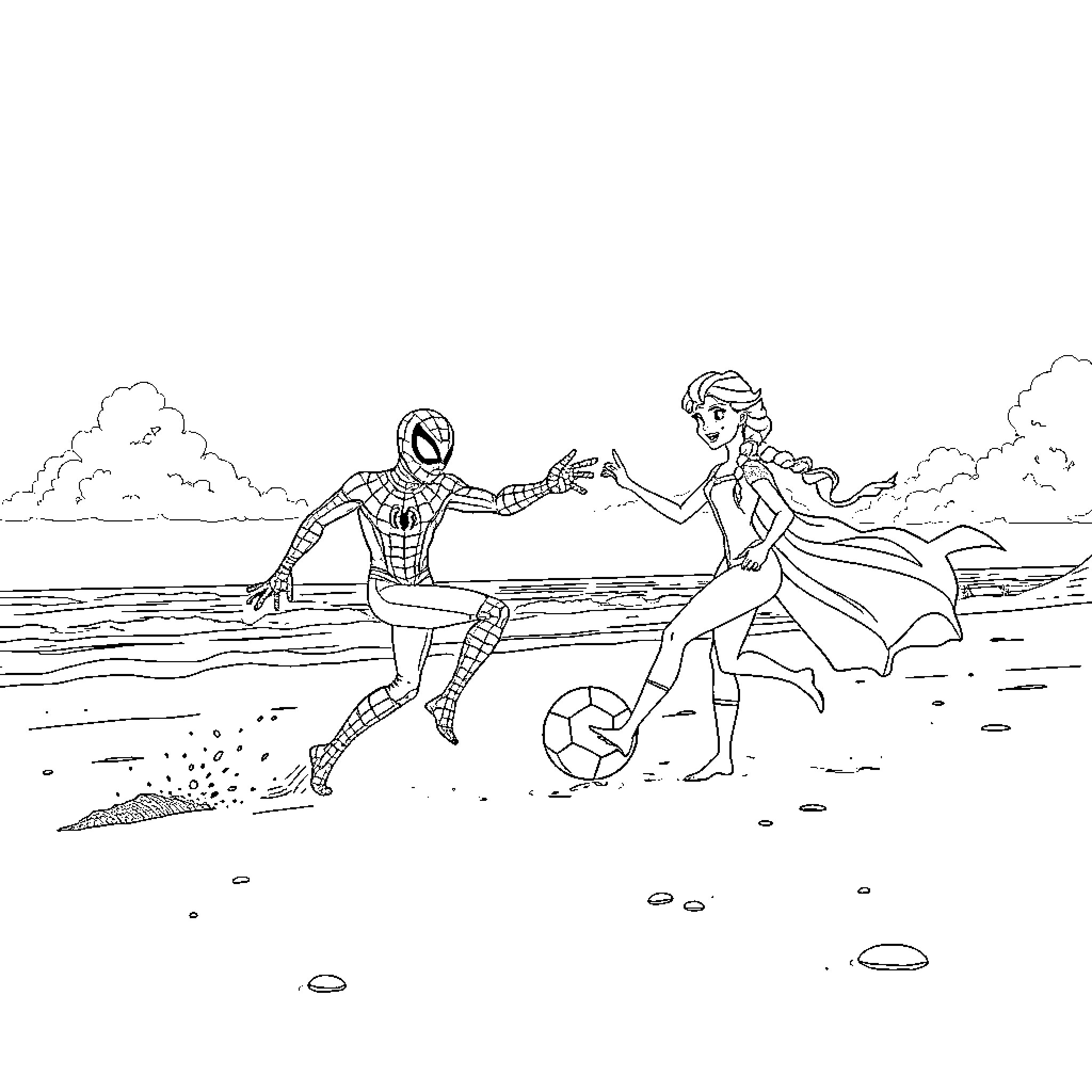 Spidey and Princess Engage in Beach Play Coloring Page (free black-and-white line drawing printable PDF for all, from beginners to advanced learners, including children, teens, adults, and seniors)
