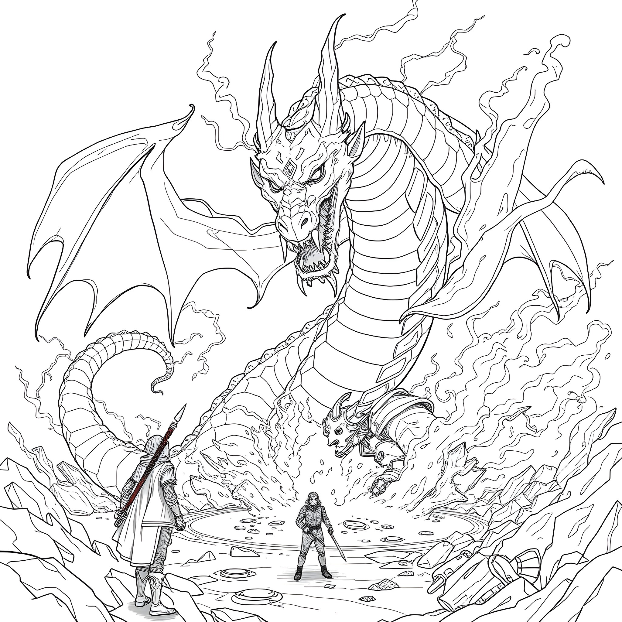 Devourer of Gods: Epic Confrontation with a Colossal Dragon Coloring Page (free black-and-white line drawing printable PDF for all, from beginners to advanced learners, including children, teens, adults, and seniors)