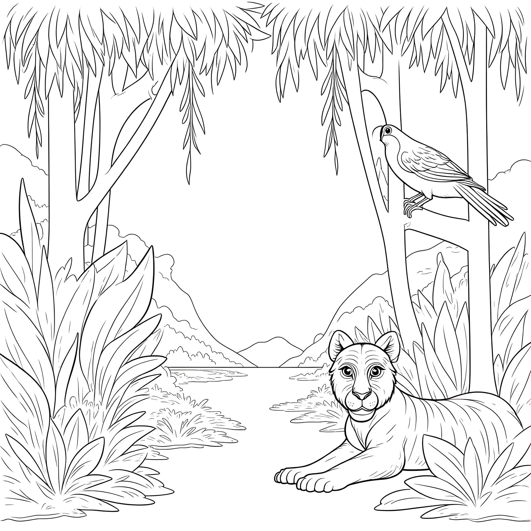 Jungle scene with wildlife Coloring Page (free black-and-white line drawing printable PDF for all, from beginners to advanced learners, including children, teens, adults, and seniors)
