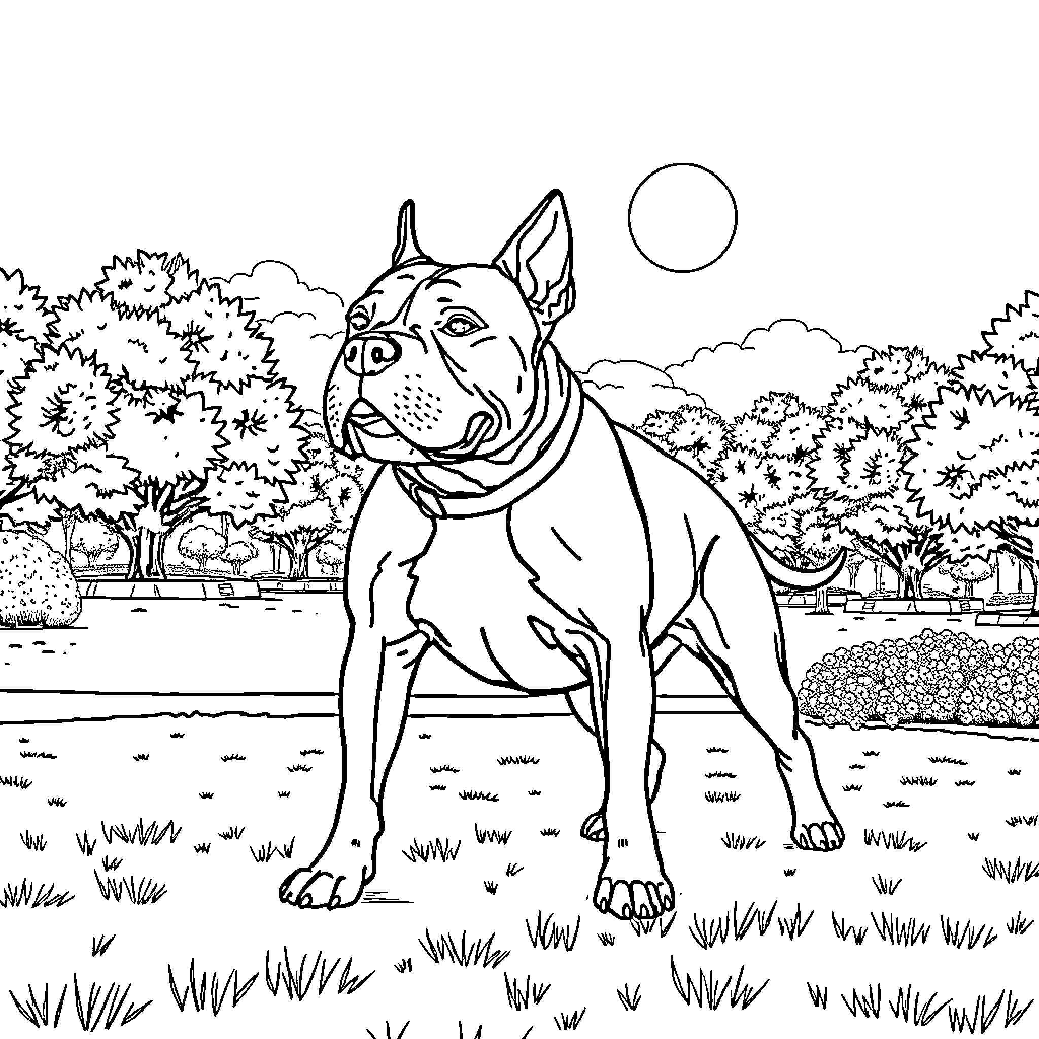 Pitbull enjoying the outdoor scenery Coloring Page (free black-and-white line drawing printable PDF for all, from beginners to advanced learners, including children, teens, adults, and seniors)