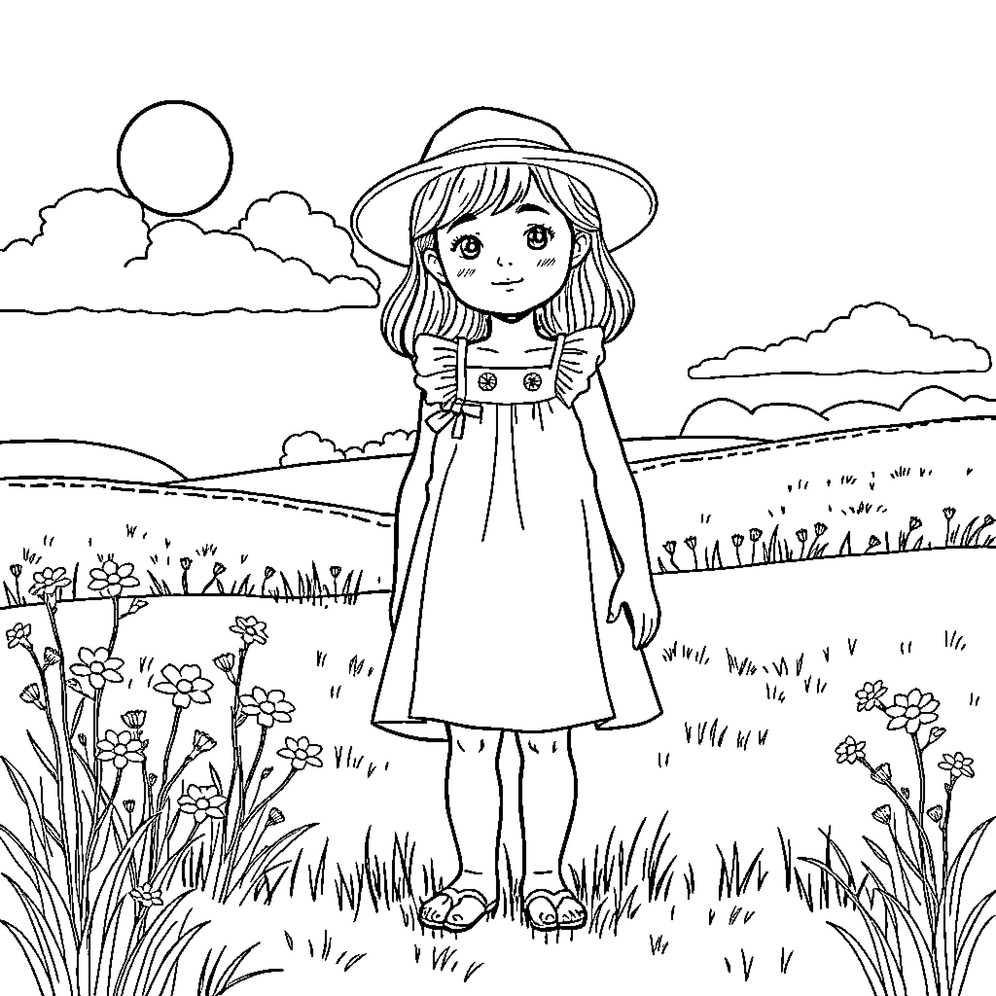 Girl exploring the countryside in her dress and hat Coloring Page (free black-and-white line drawing printable PDF for all, from beginners to advanced learners, including children, teens, adults, and seniors)