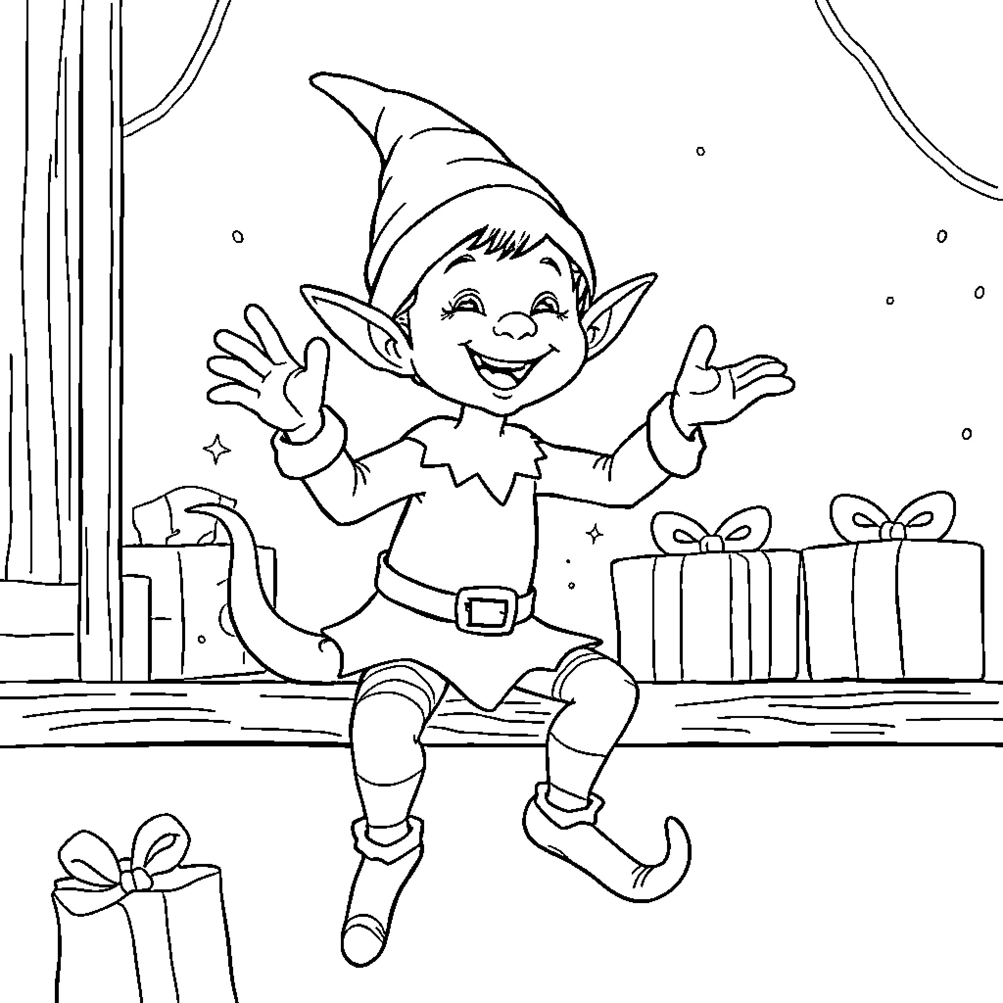 Elf celebrating with gifts and joy Coloring Page (free black-and-white line drawing printable PDF for all, from beginners to advanced learners, including children, teens, adults, and seniors)