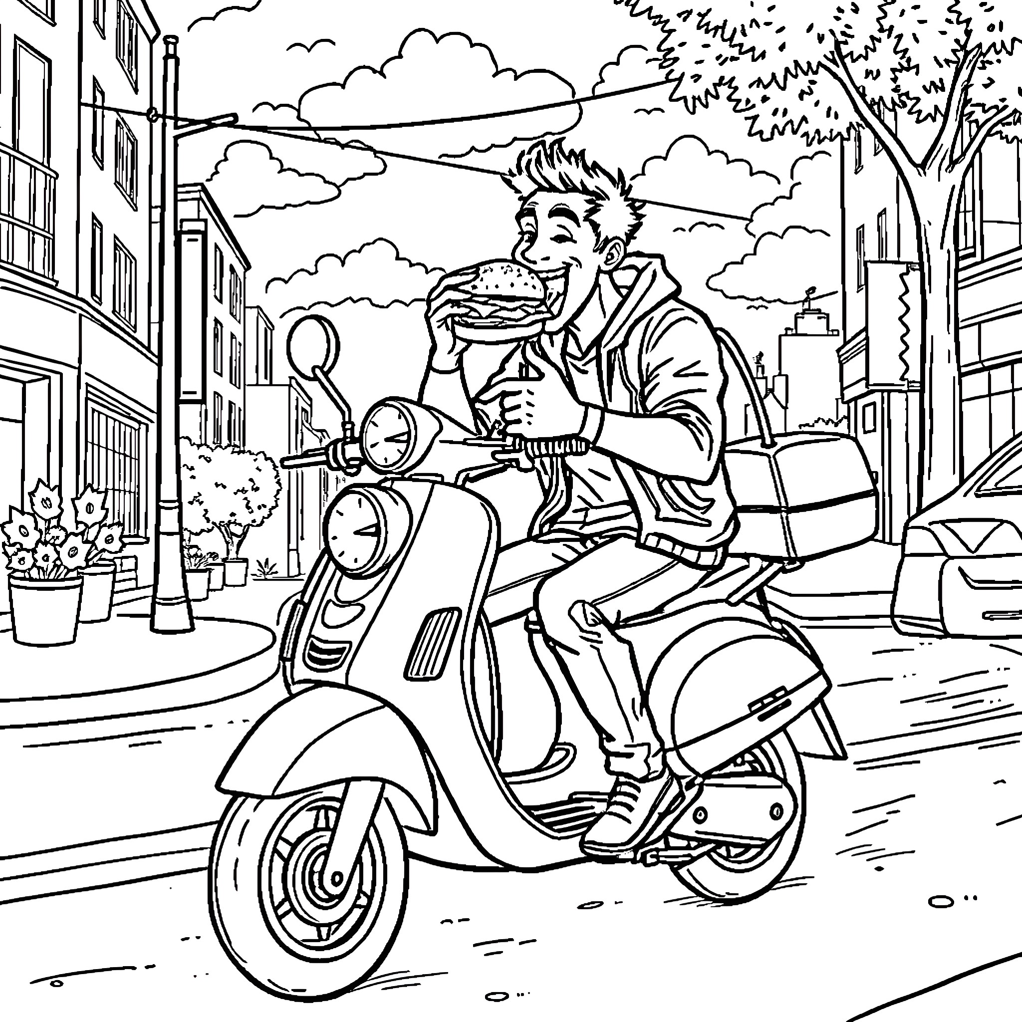 Man eating a sandwich while riding a scooter in a city street Coloring Page (free black-and-white line drawing printable PDF for all, from beginners to advanced learners, including children, teens, adults, and seniors)