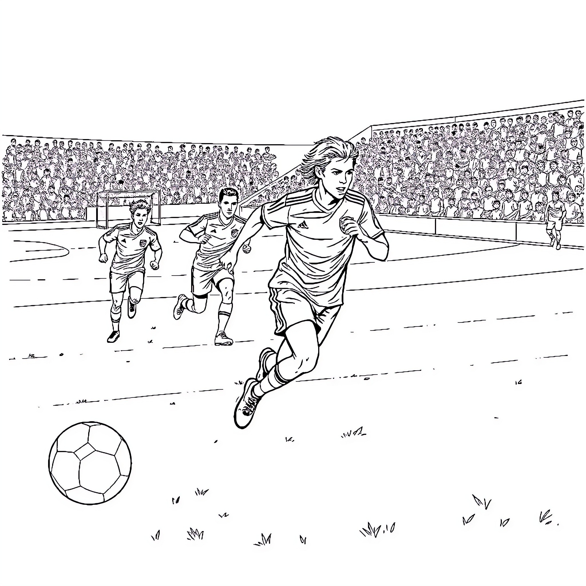 Soccer players in action on the field Coloring Page (free black-and-white line drawing printable PDF for all, from beginners to advanced learners, including children, teens, adults, and seniors)