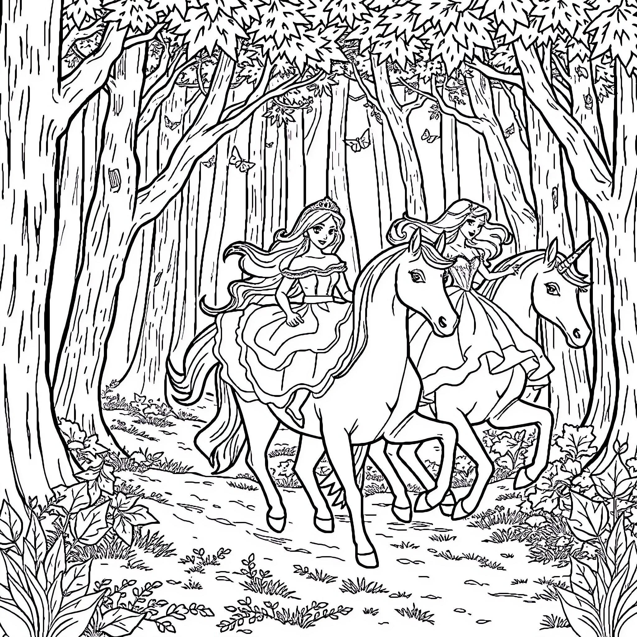 Princess riding horses through enchanted forest Coloring Page (free black-and-white line drawing printable PDF for all, from beginners to advanced learners, including children, teens, adults, and seniors)
