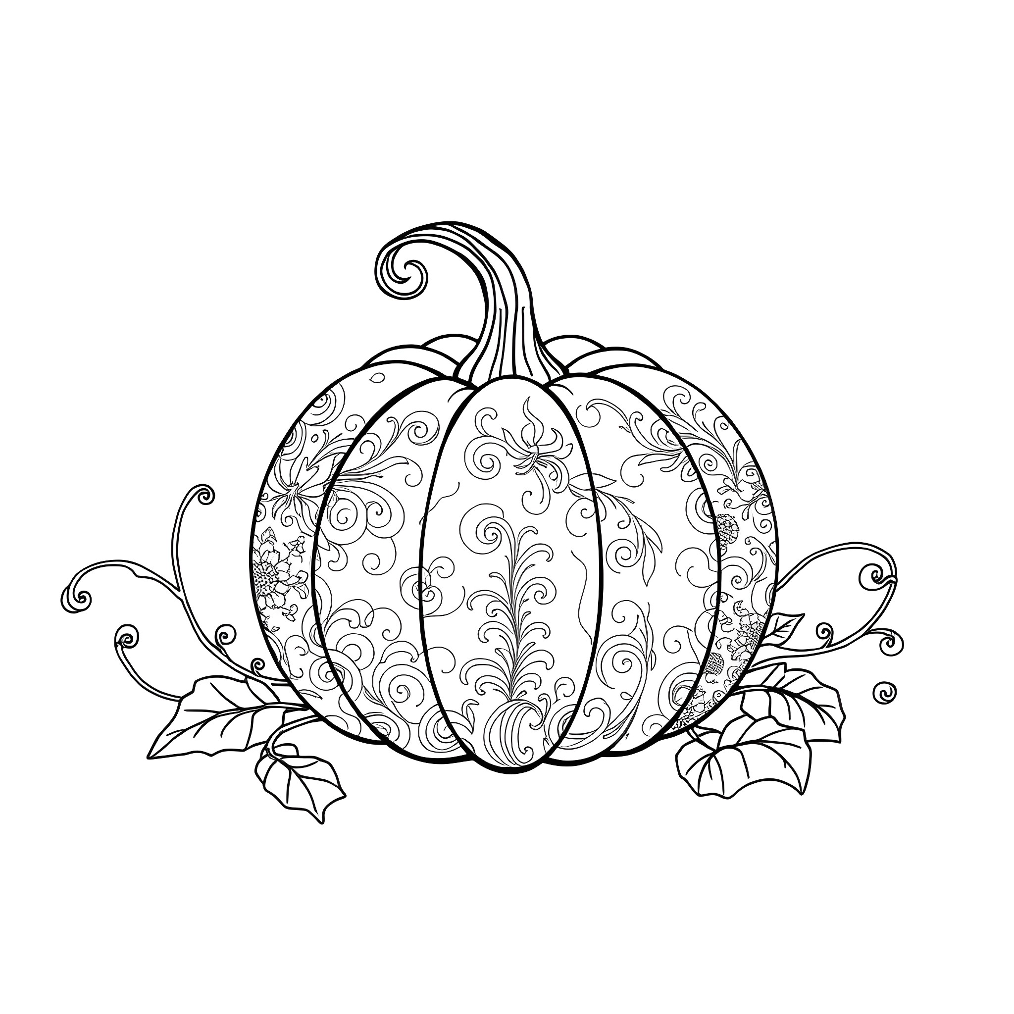 Pumpkin with intricate floral patterns Coloring Page (free black-and-white line drawing printable PDF for all, from beginners to advanced learners, including children, teens, adults, and seniors)
