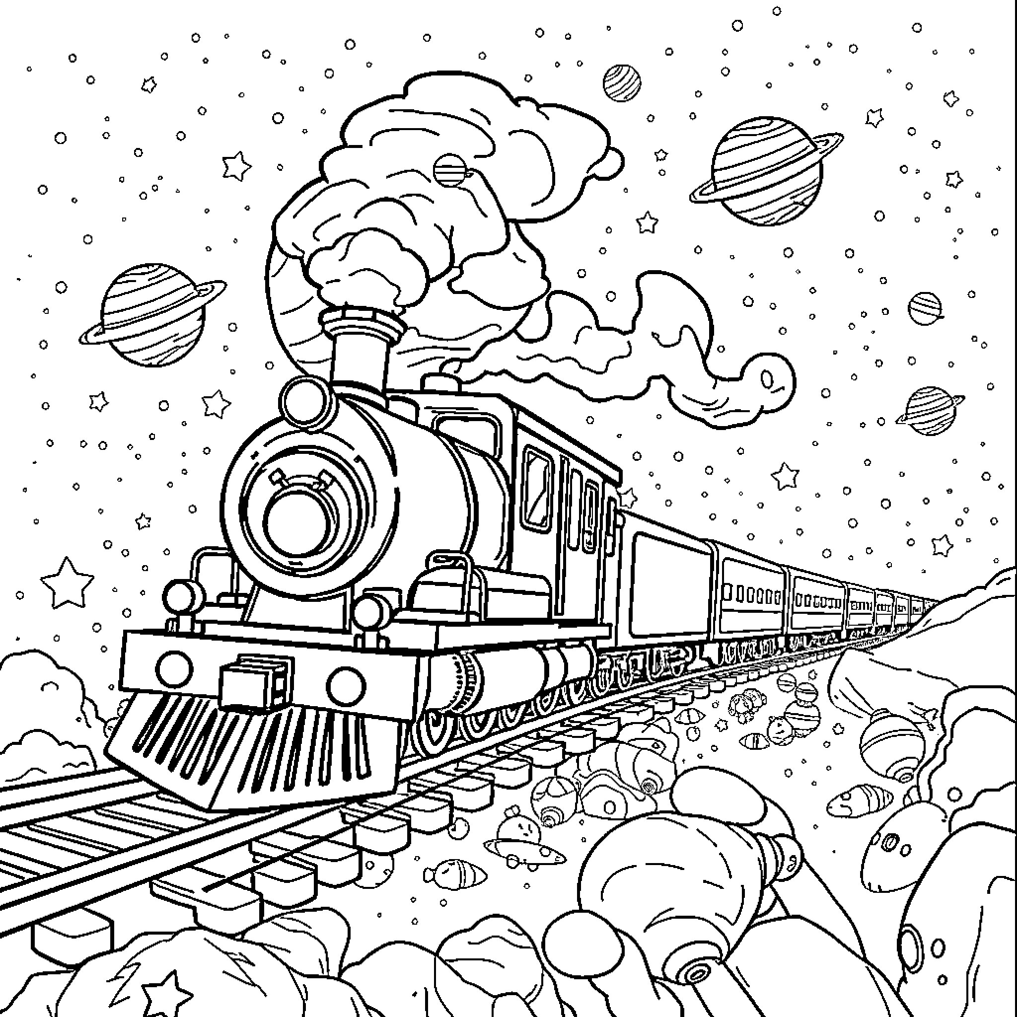 Train traveling through a whimsical space landscape Coloring Page (free black-and-white line drawing printable PDF for all, from beginners to advanced learners, including children, teens, adults, and seniors)
