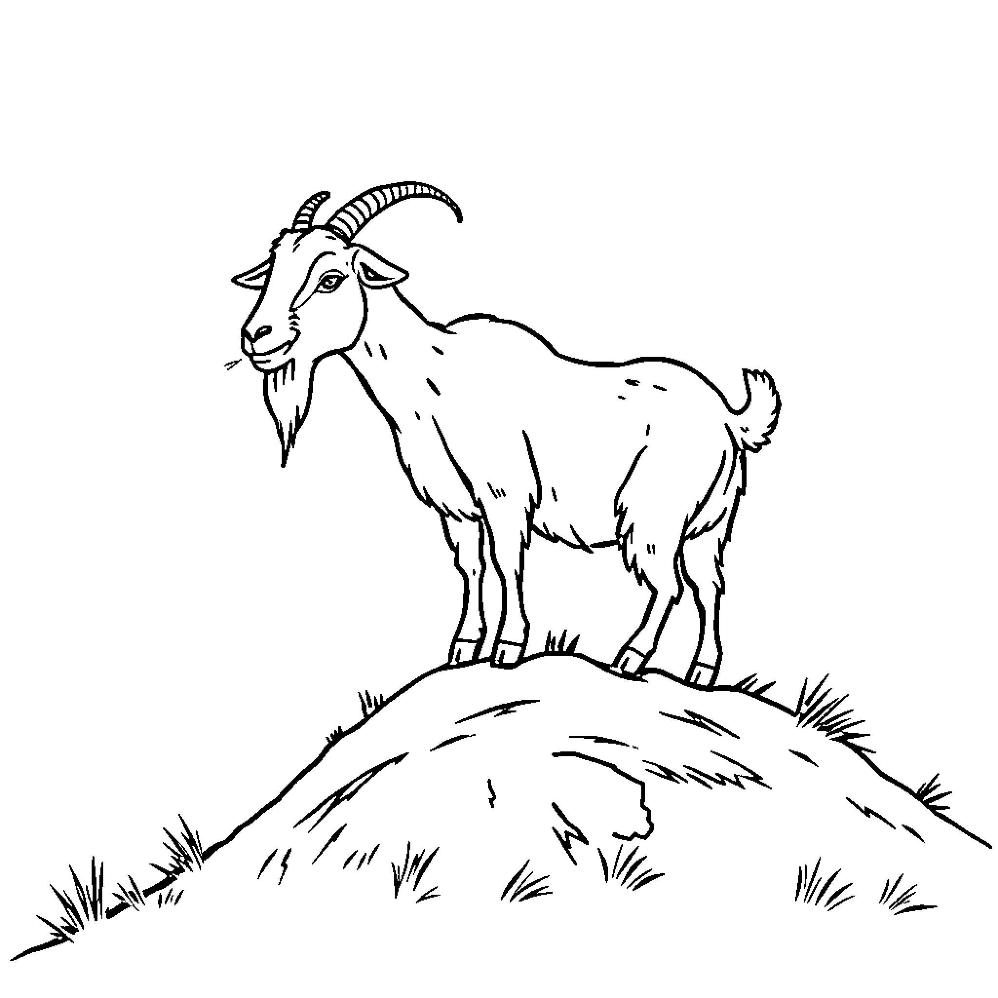 Goat standing atop a grassy hill Coloring Page (free black-and-white line drawing printable PDF for all, from beginners to advanced learners, including children, teens, adults, and seniors)