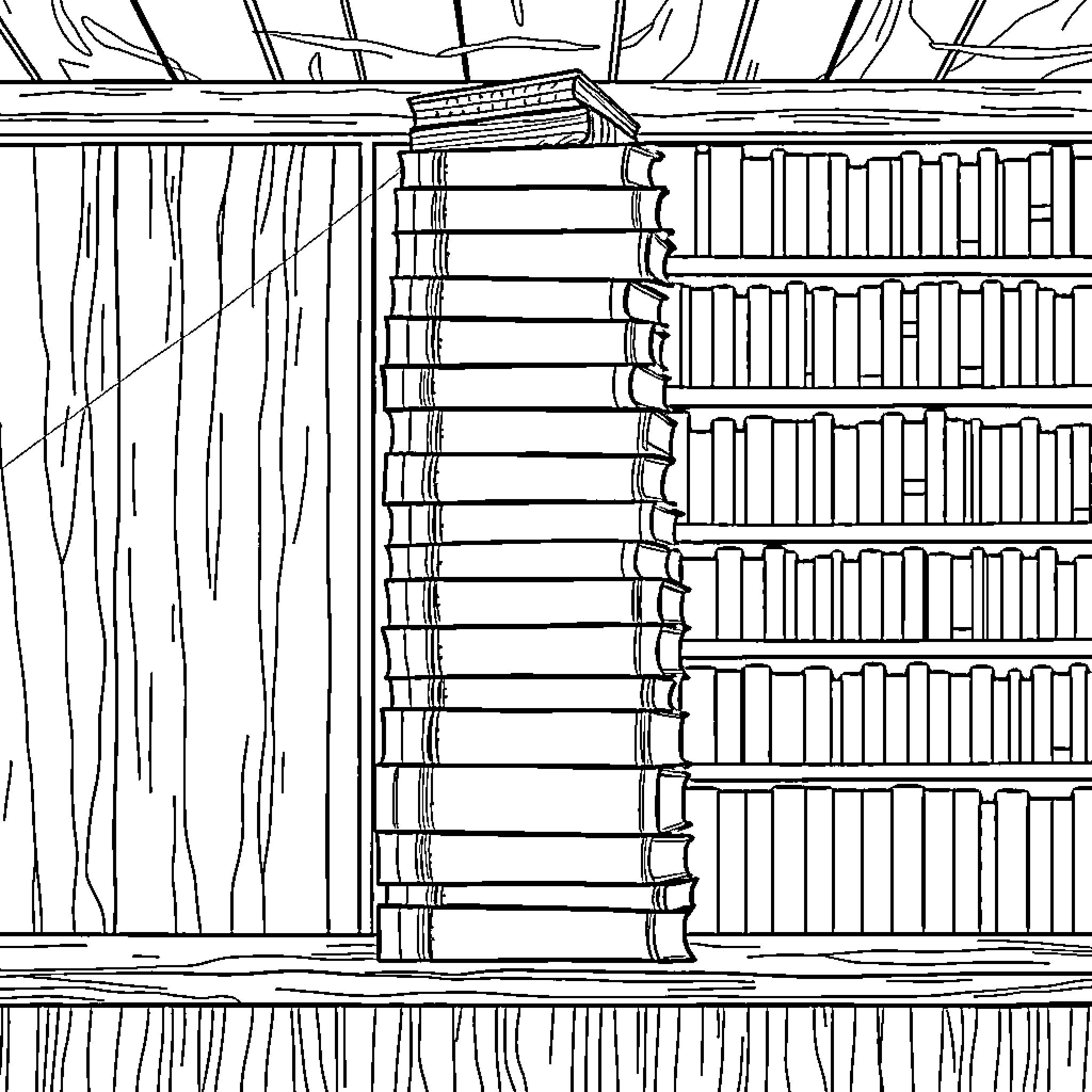 Book stacks on a library shelf Coloring Page (free black-and-white line drawing printable PDF for all, from beginners to advanced learners, including children, teens, adults, and seniors)