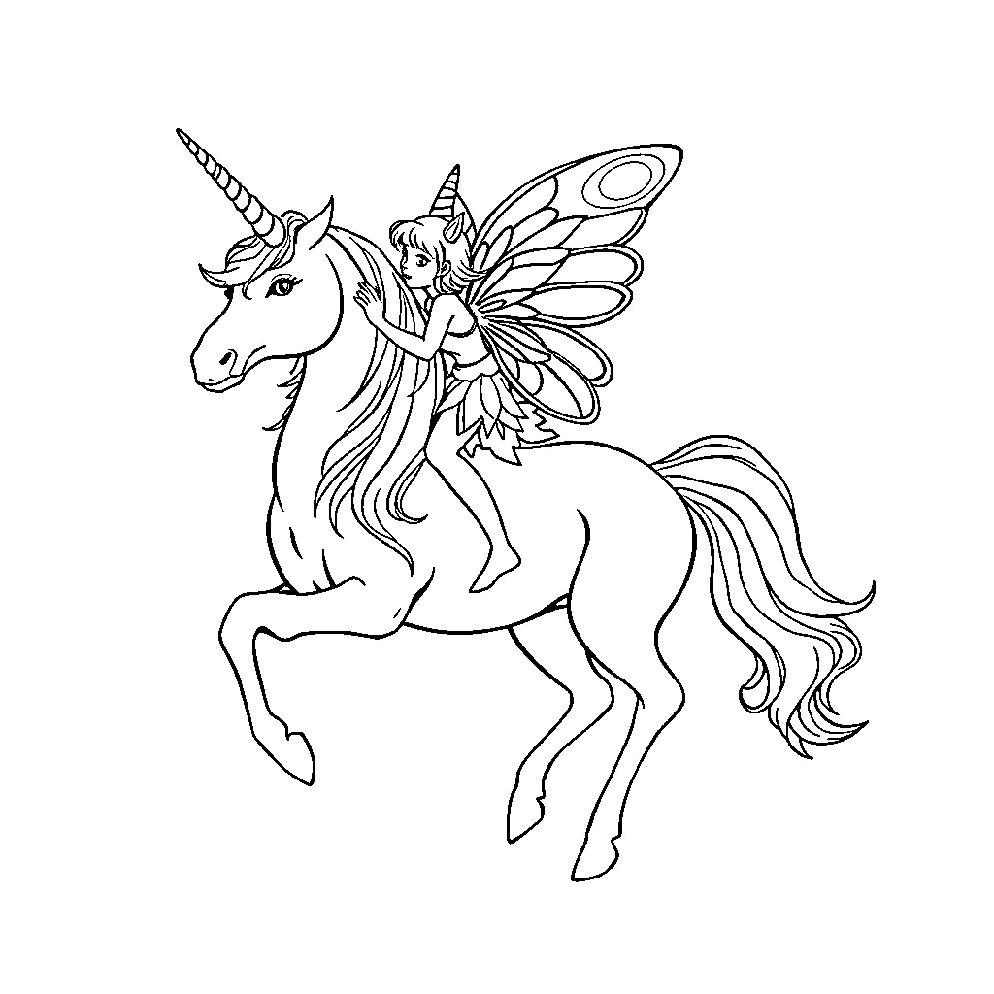 Fairy unicorn with butterfly wings soaring gracefully Coloring Page (free black-and-white line drawing printable PDF for all, from beginners to advanced learners, including children, teens, adults, and seniors)