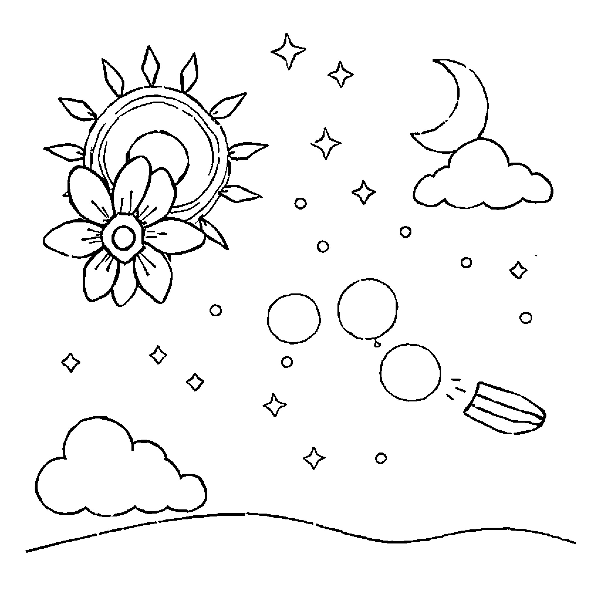 Dream of celestial wonder with sun and moon Coloring Page (free black-and-white line drawing printable PDF for all, from beginners to advanced learners, including children, teens, adults, and seniors)