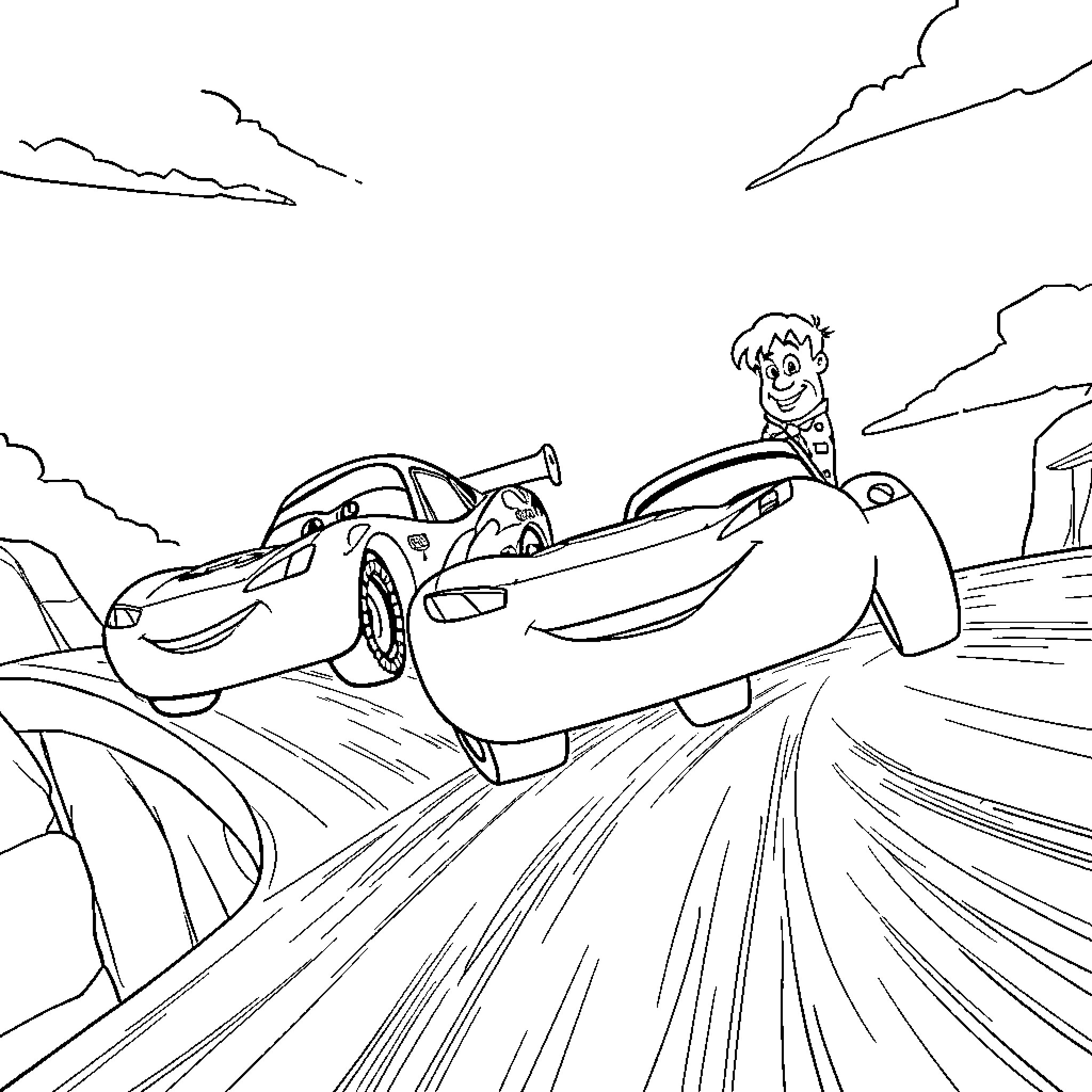 Car racing with character in motion Coloring Page (free black-and-white line drawing printable PDF for all, from beginners to advanced learners, including children, teens, adults, and seniors)