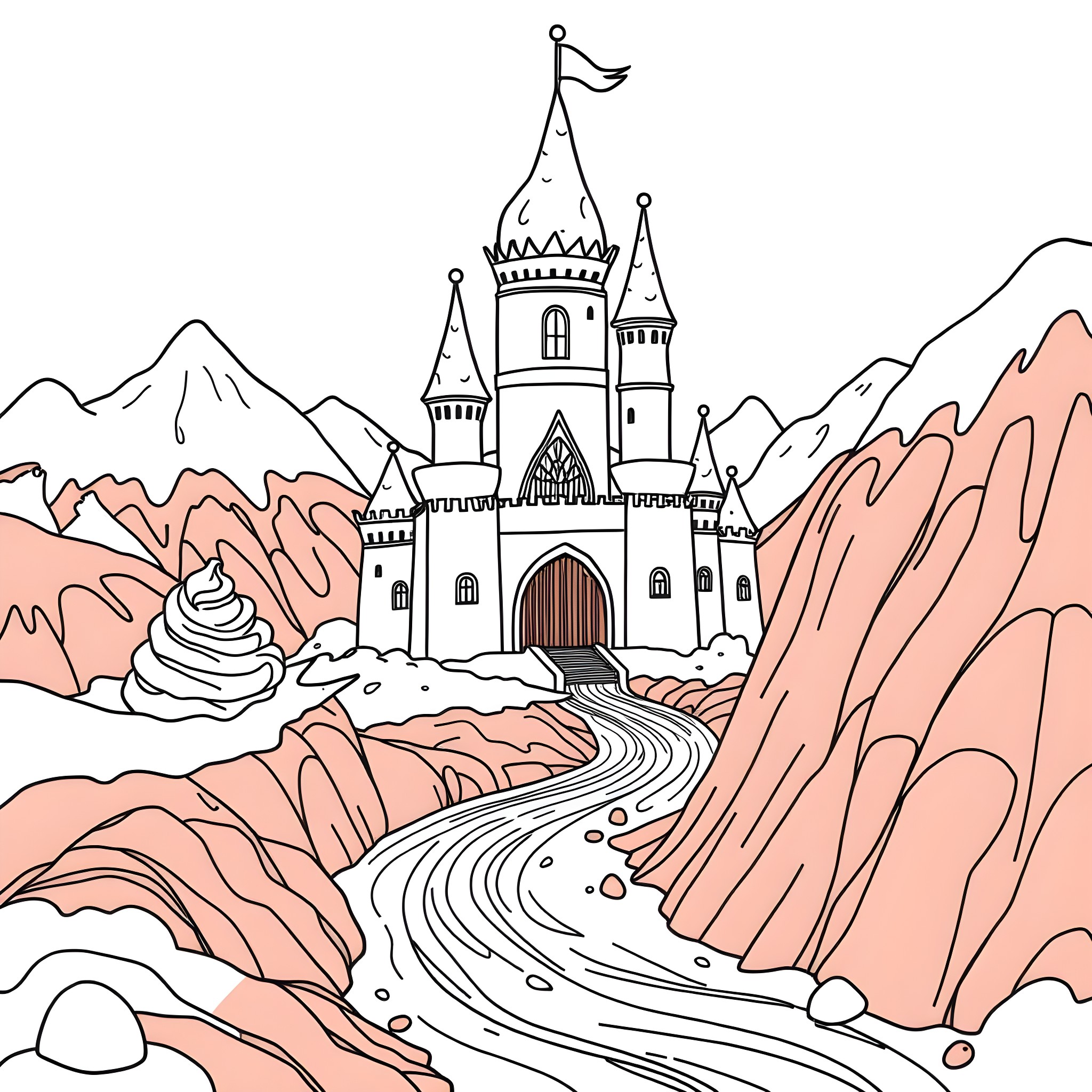Ice Cream Castle in the Mountains Coloring Page (free black-and-white line drawing printable PDF for all, from beginners to advanced learners, including children, teens, adults, and seniors)