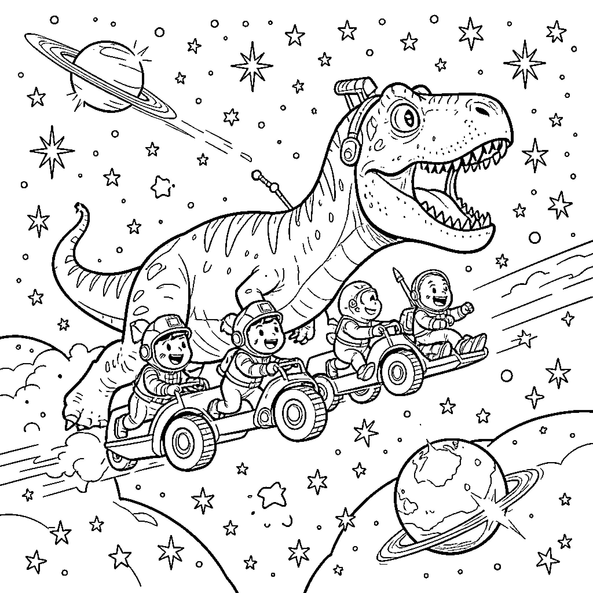 Paw Patrol pups riding vehicles through outer space Coloring Page (free black-and-white line drawing printable PDF for all, from beginners to advanced learners, including children, teens, adults, and seniors)