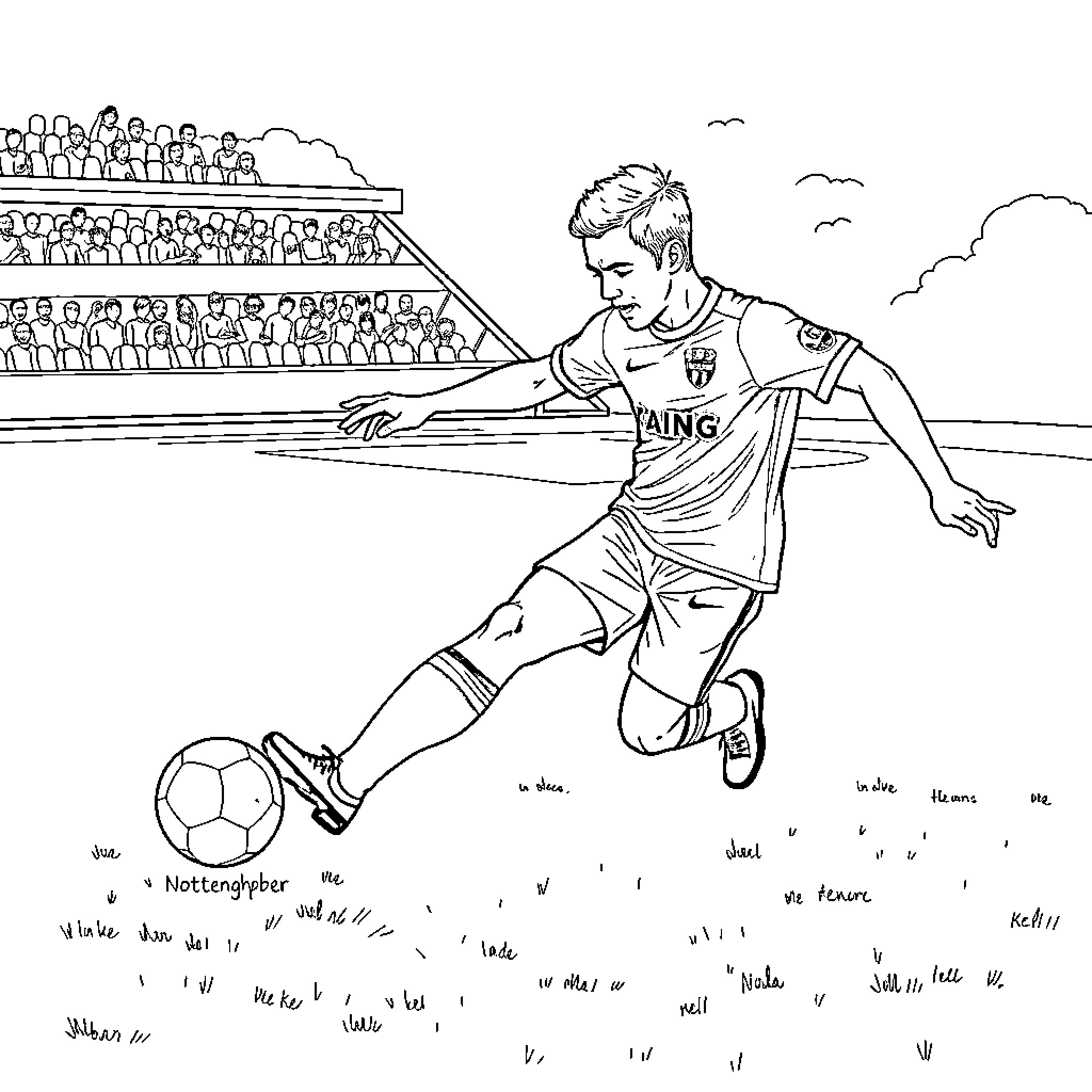 Player kicking soccer ball on field in stadium Coloring Page (free black-and-white line drawing printable PDF for all, from beginners to advanced learners, including children, teens, adults, and seniors)