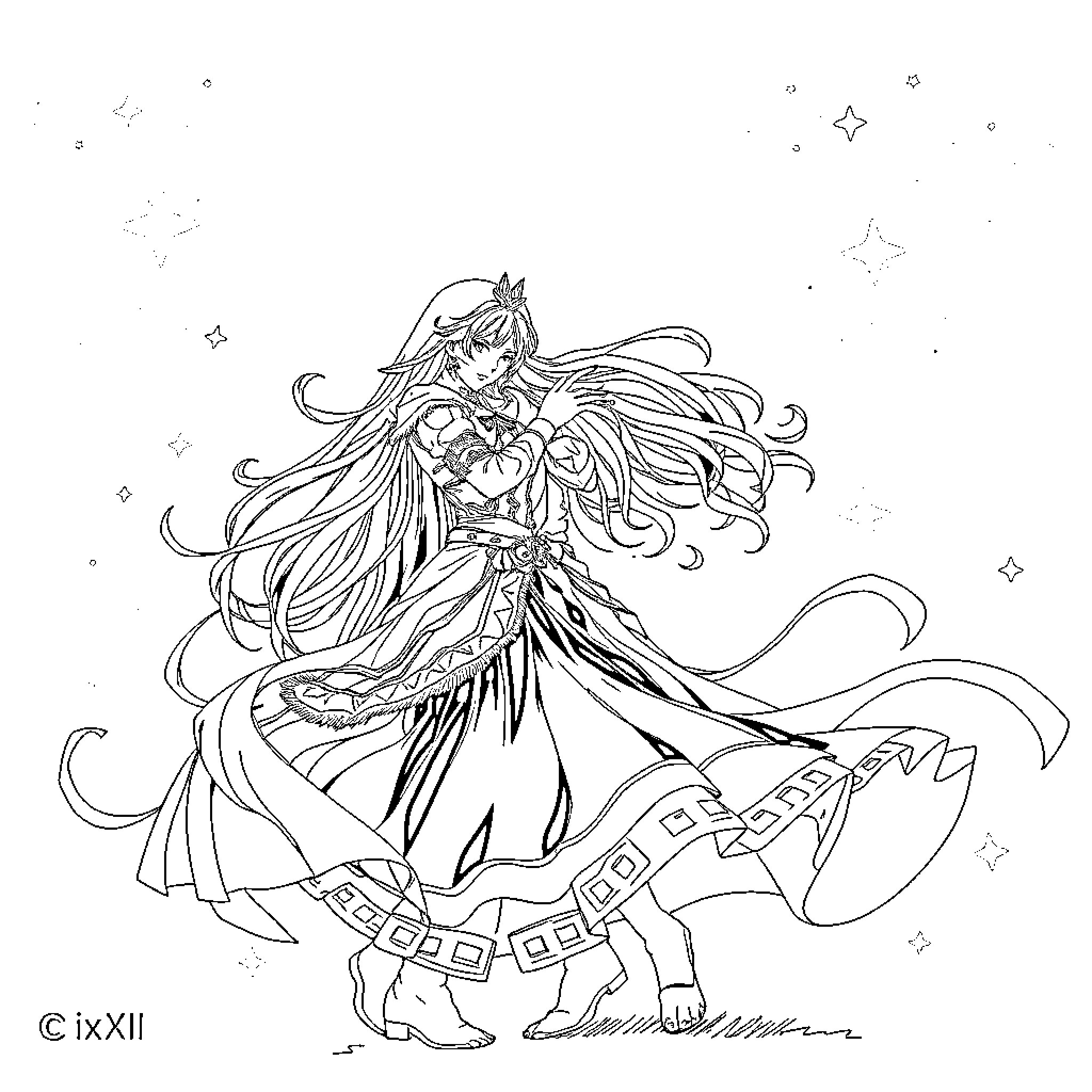 Emet Selch in Elaborate Attire with Flowing Cloak Coloring Page (free black-and-white line drawing printable PDF for all, from beginners to advanced learners, including children, teens, adults, and seniors)