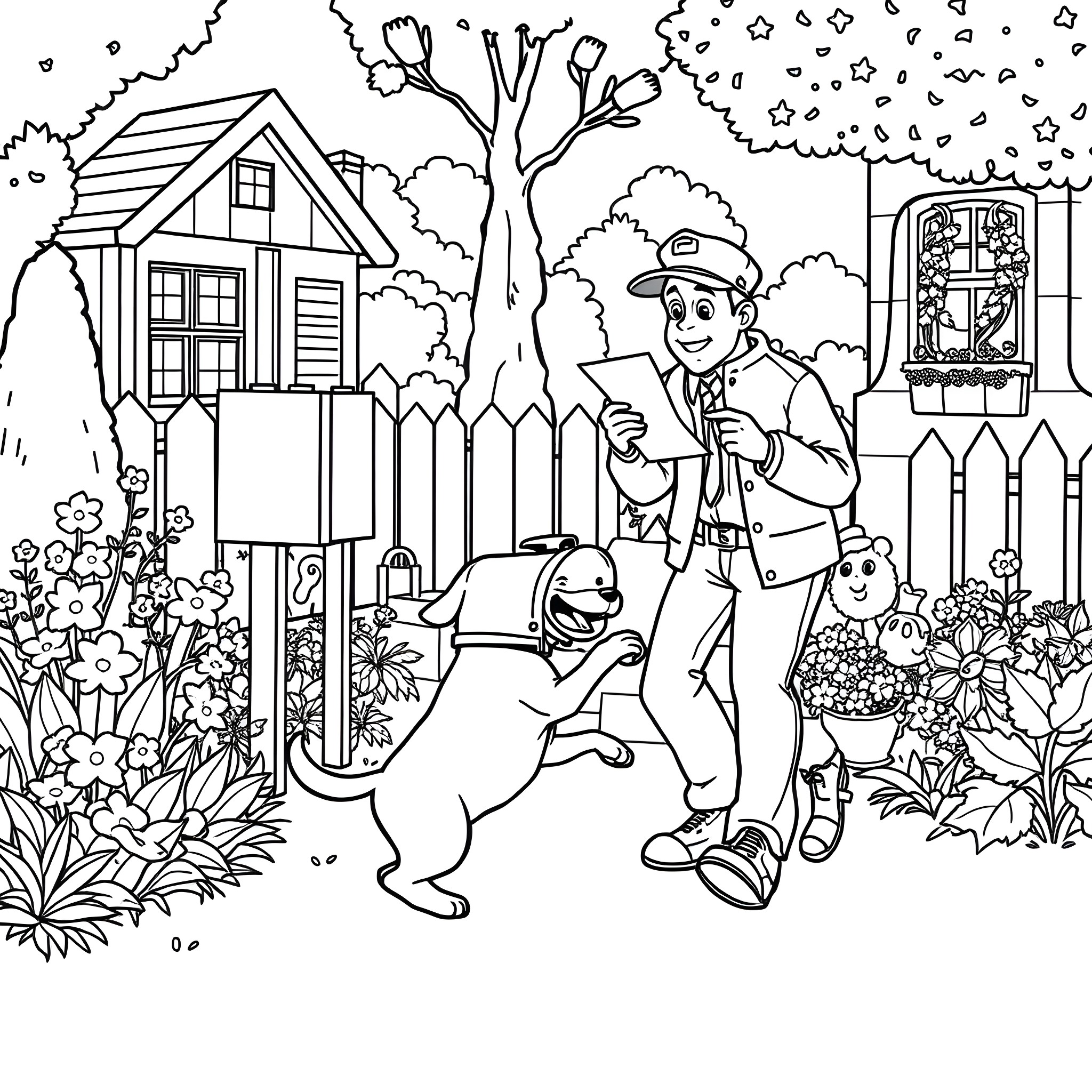 Dog enjoying outdoor adventure with owner Coloring Page (free black-and-white line drawing printable PDF for all, from beginners to advanced learners, including children, teens, adults, and seniors)