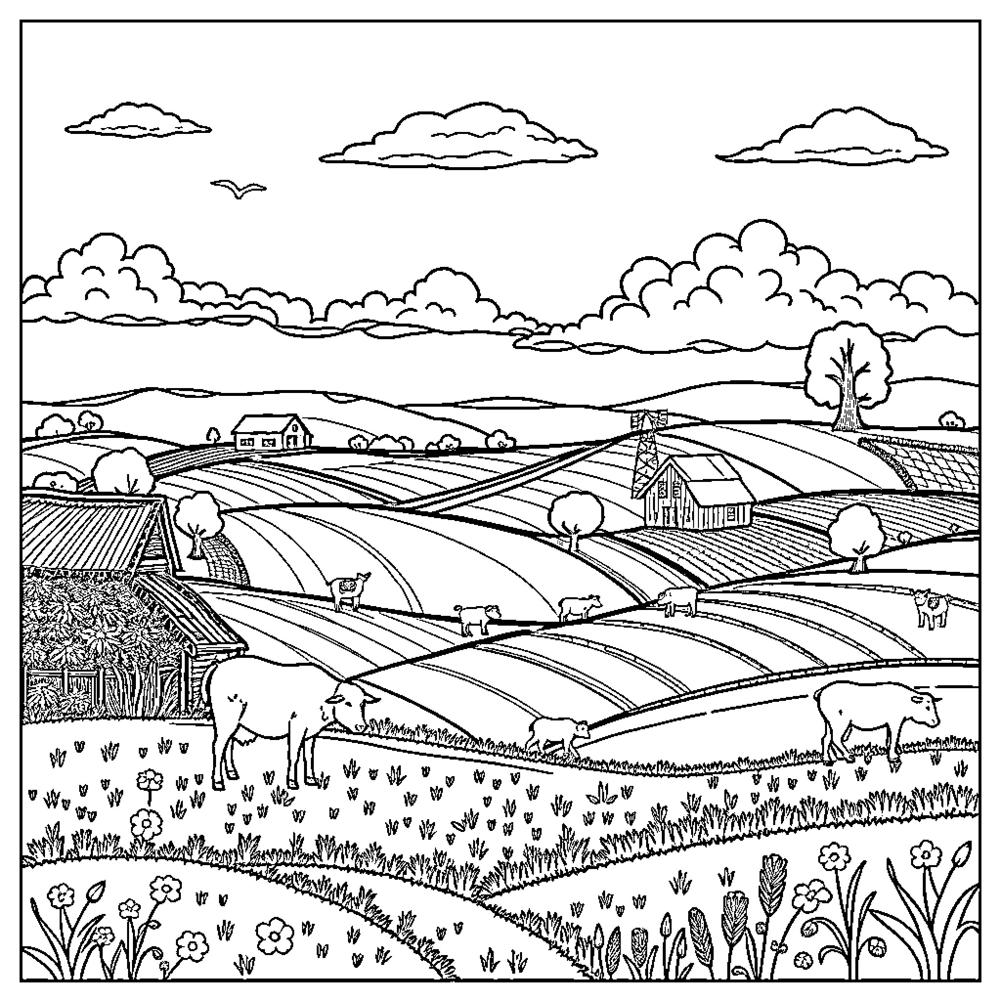 Farmland with grazing cattle and rural houses Coloring Page (free black-and-white line drawing printable PDF for all, from beginners to advanced learners, including children, teens, adults, and seniors)