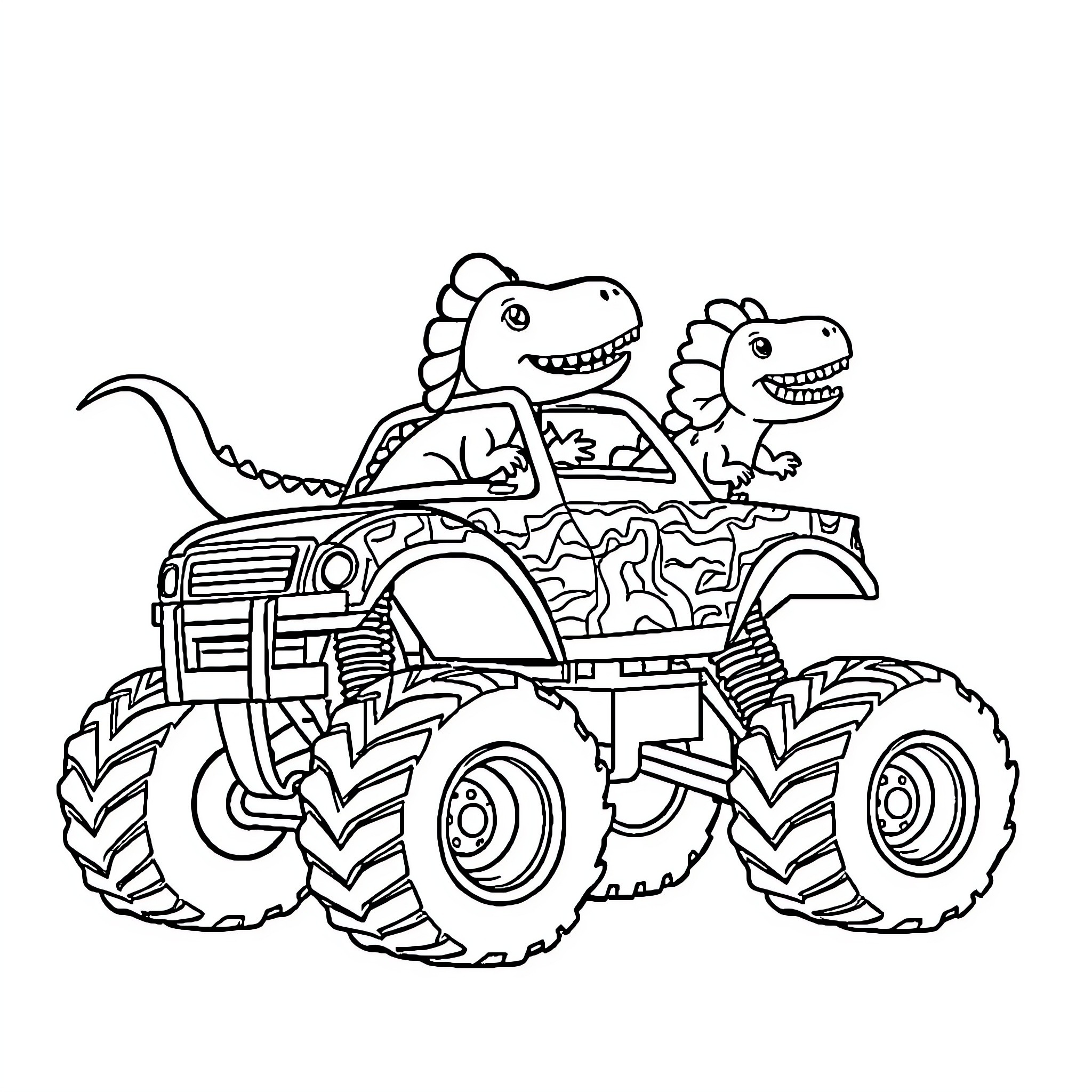 Dinosaur Monster Truck Ride Coloring Page (free black-and-white line drawing printable PDF for all, from beginners to advanced learners, including children, teens, adults, and seniors)