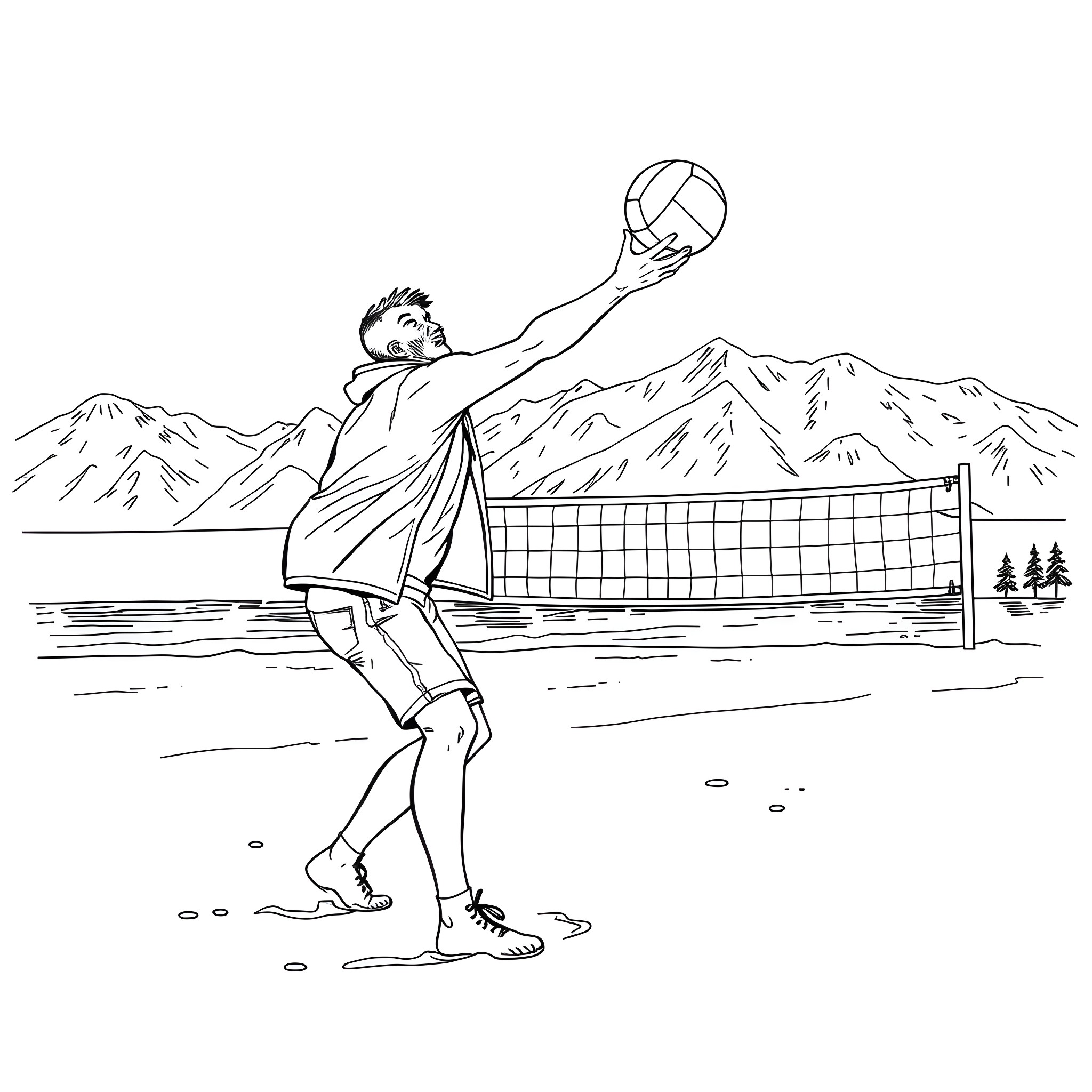 Gangster Player Dominating the Volleyball Court Coloring Page (free black-and-white line drawing printable PDF for all, from beginners to advanced learners, including children, teens, adults, and seniors)