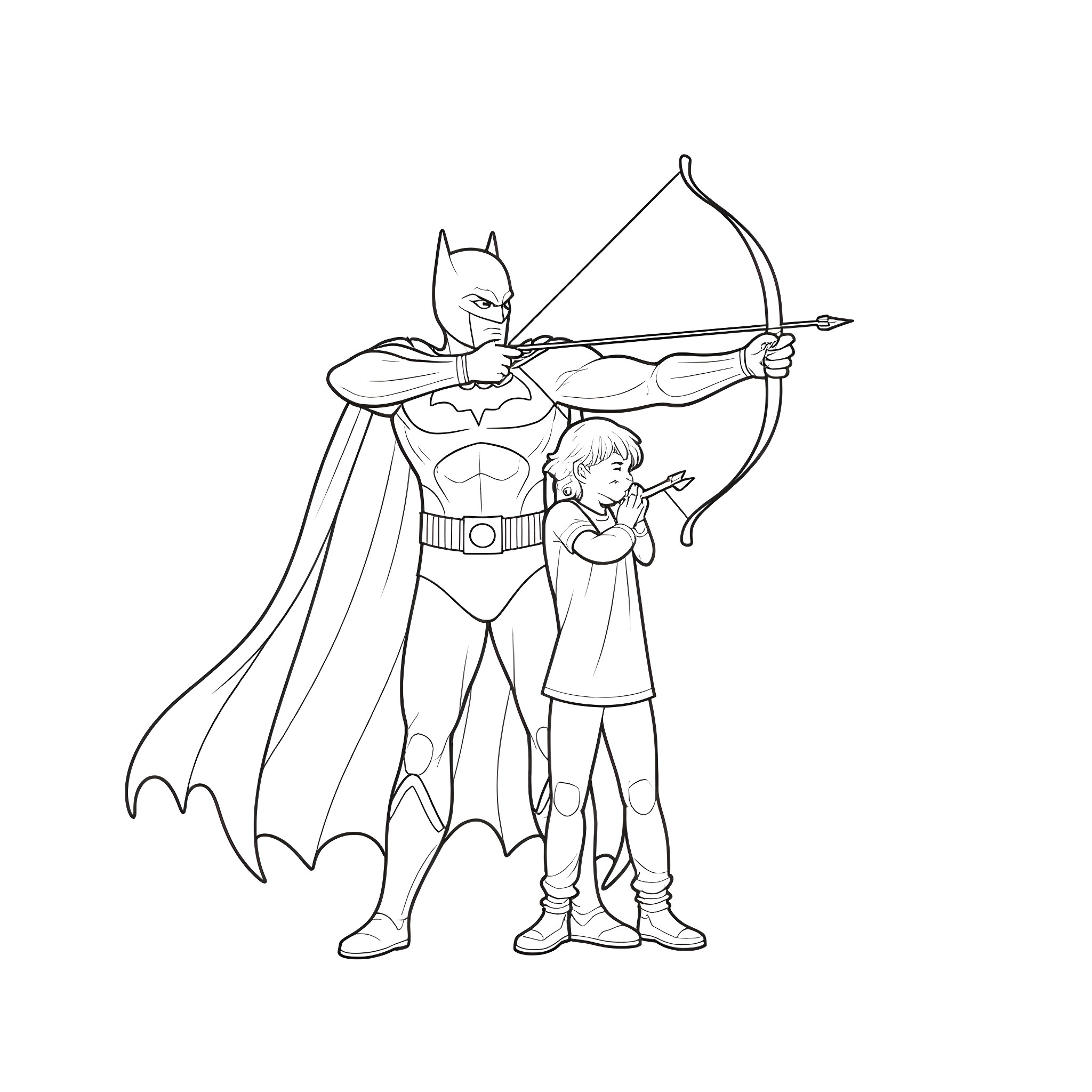 Batman teaching Robin archery skills Coloring Page (free black-and-white line drawing printable PDF for all, from beginners to advanced learners, including children, teens, adults, and seniors)
