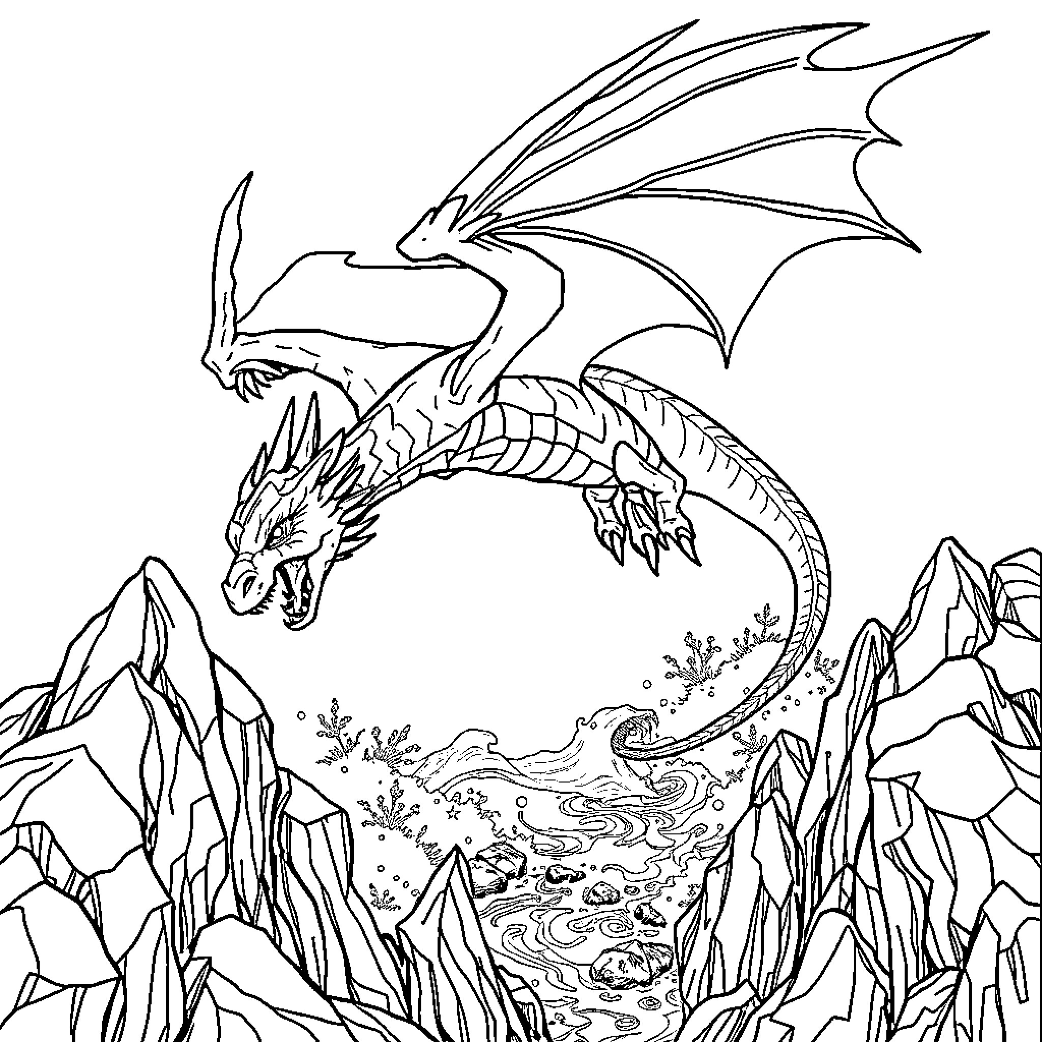 Dragon soaring gracefully over a majestic landscape Coloring Page (free black-and-white line drawing printable PDF for all, from beginners to advanced learners, including children, teens, adults, and seniors)