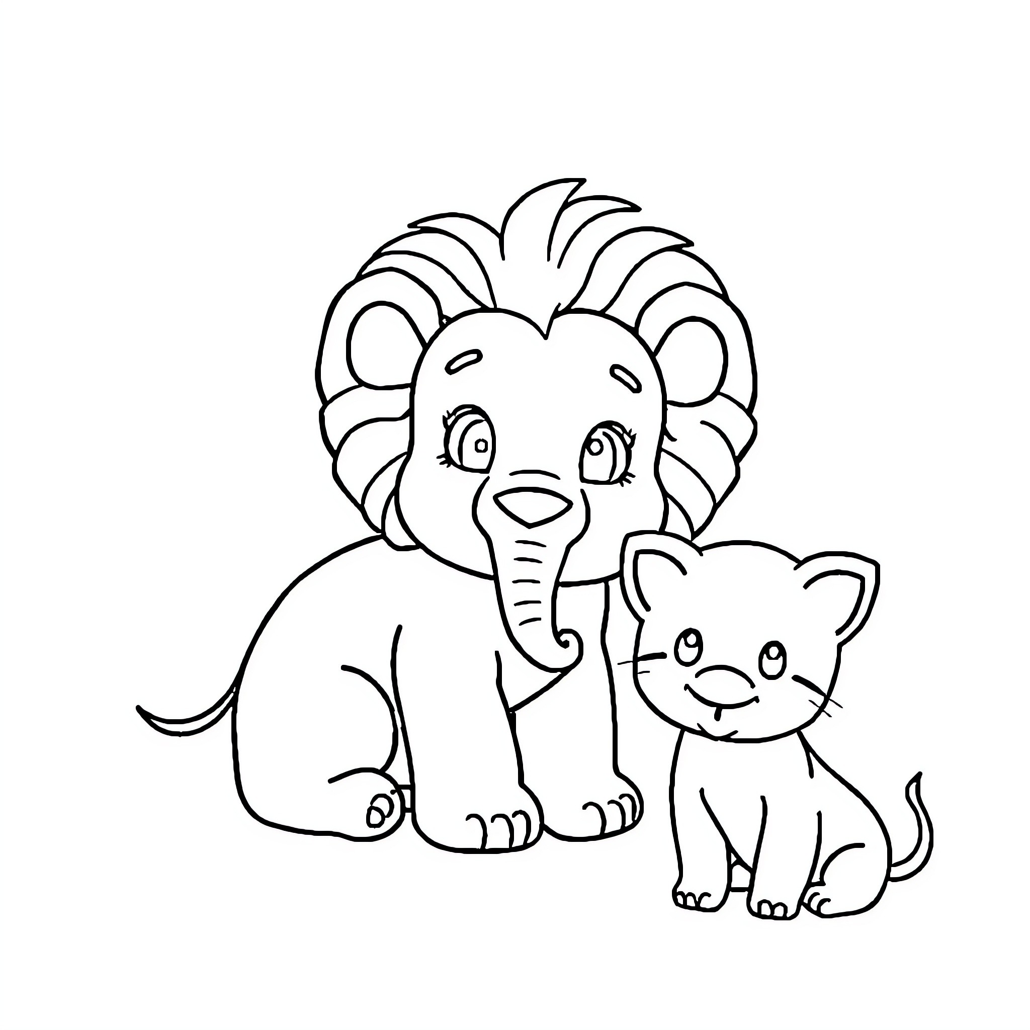 Baby Animal Friends in Playful Embrace Coloring Page (free black-and-white line drawing printable PDF for all, from beginners to advanced learners, including children, teens, adults, and seniors)