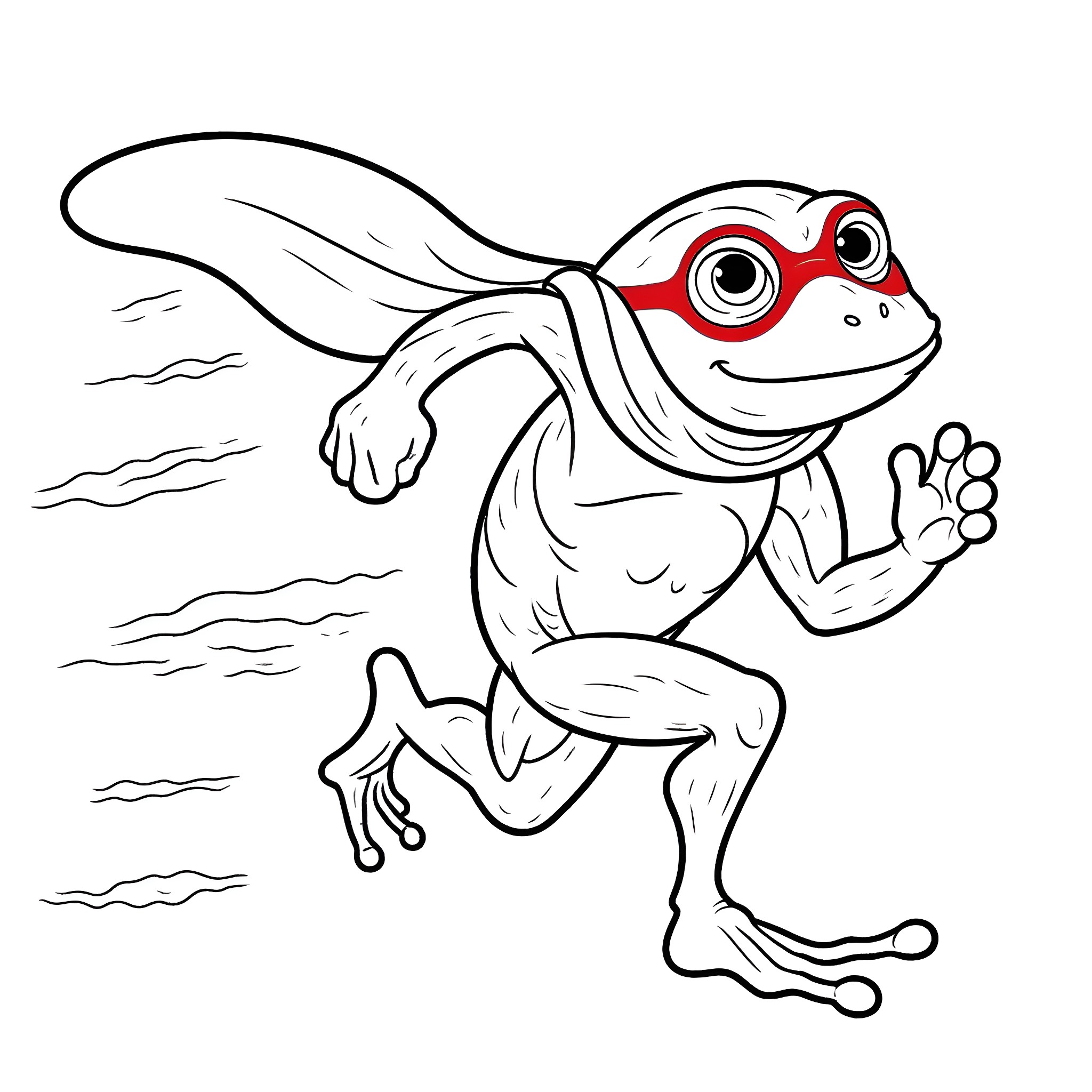 Superhero Frog Jumping into Action Coloring Page (free black-and-white line drawing printable PDF for all, from beginners to advanced learners, including children, teens, adults, and seniors)