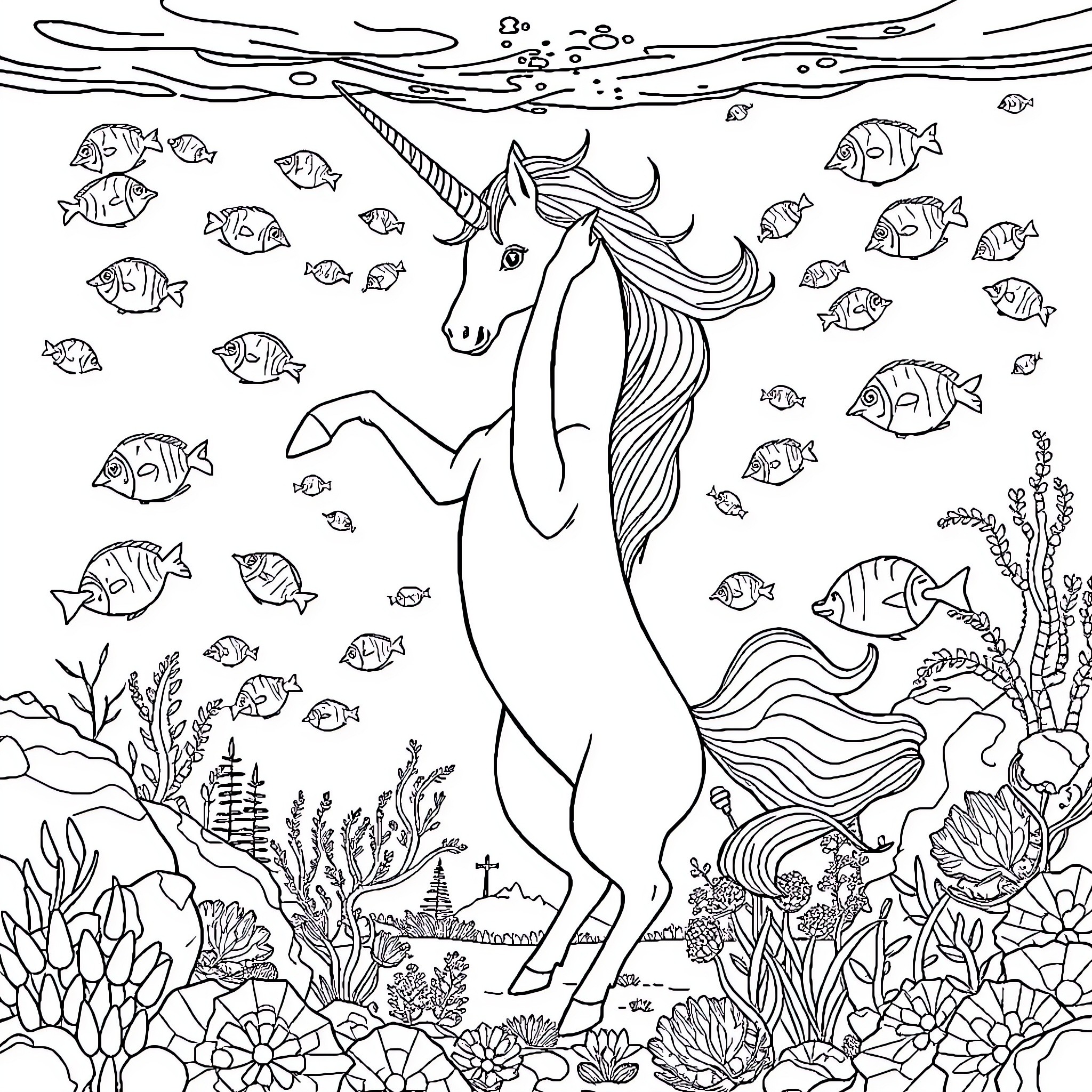 Unicorn swimming gracefully among vibrant sea creatures Coloring Page (free black-and-white line drawing printable PDF for all, from beginners to advanced learners, including children, teens, adults, and seniors)