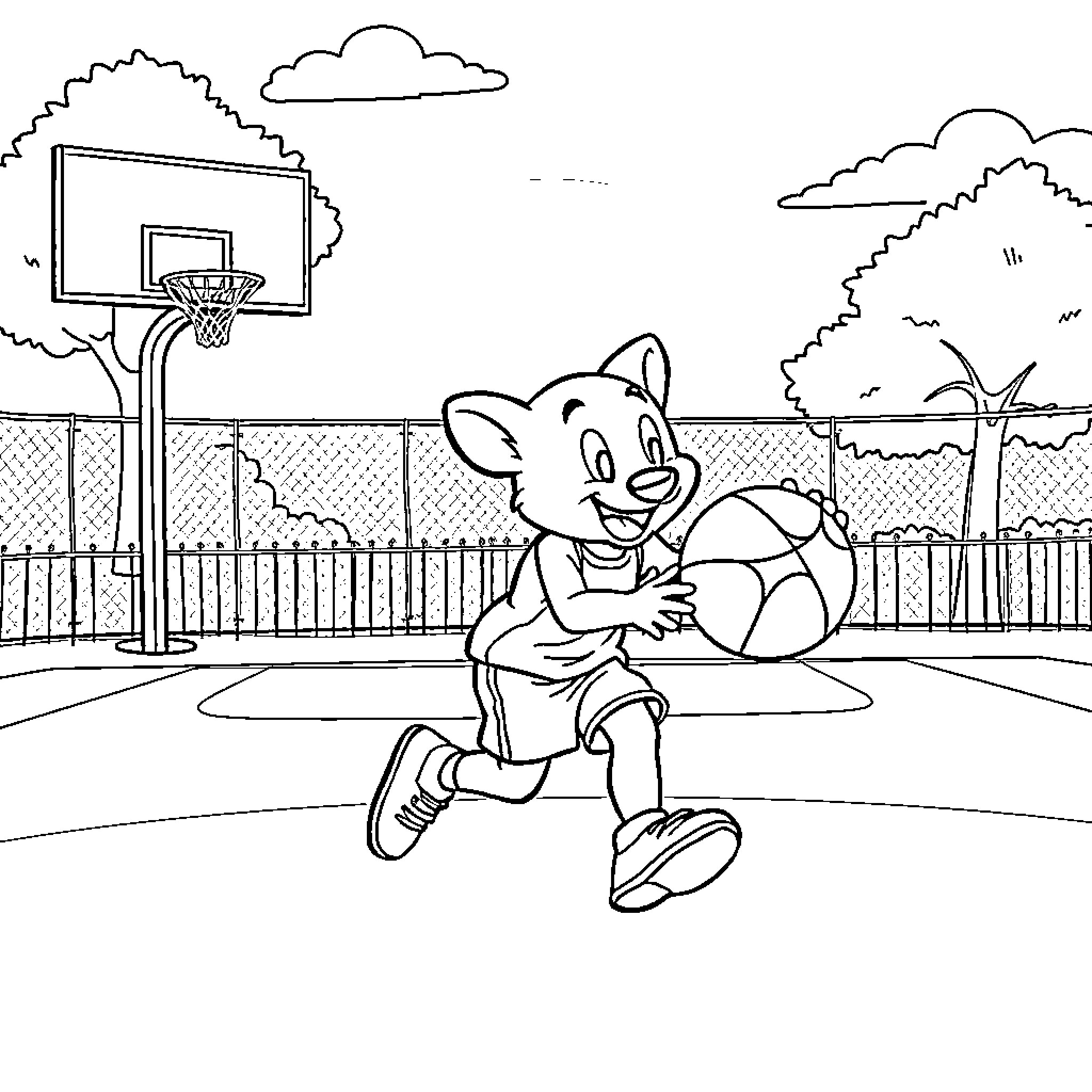 Bluey playing basketball on the court Coloring Page (free black-and-white line drawing printable PDF for all, from beginners to advanced learners, including children, teens, adults, and seniors)
