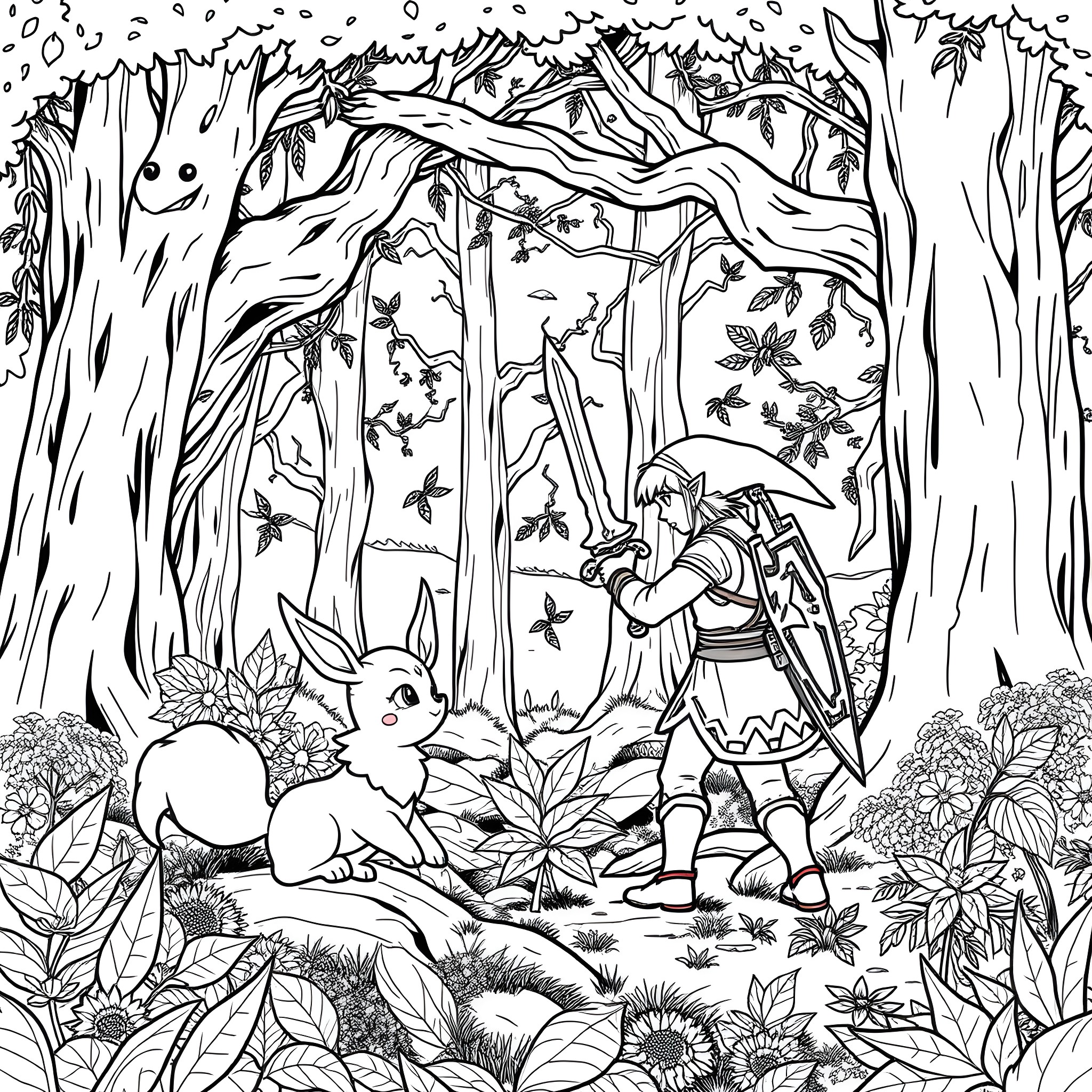 Link Exploring the Enchanted Forest with Rabbit Coloring Page (free black-and-white line drawing printable PDF for all, from beginners to advanced learners, including children, teens, adults, and seniors)