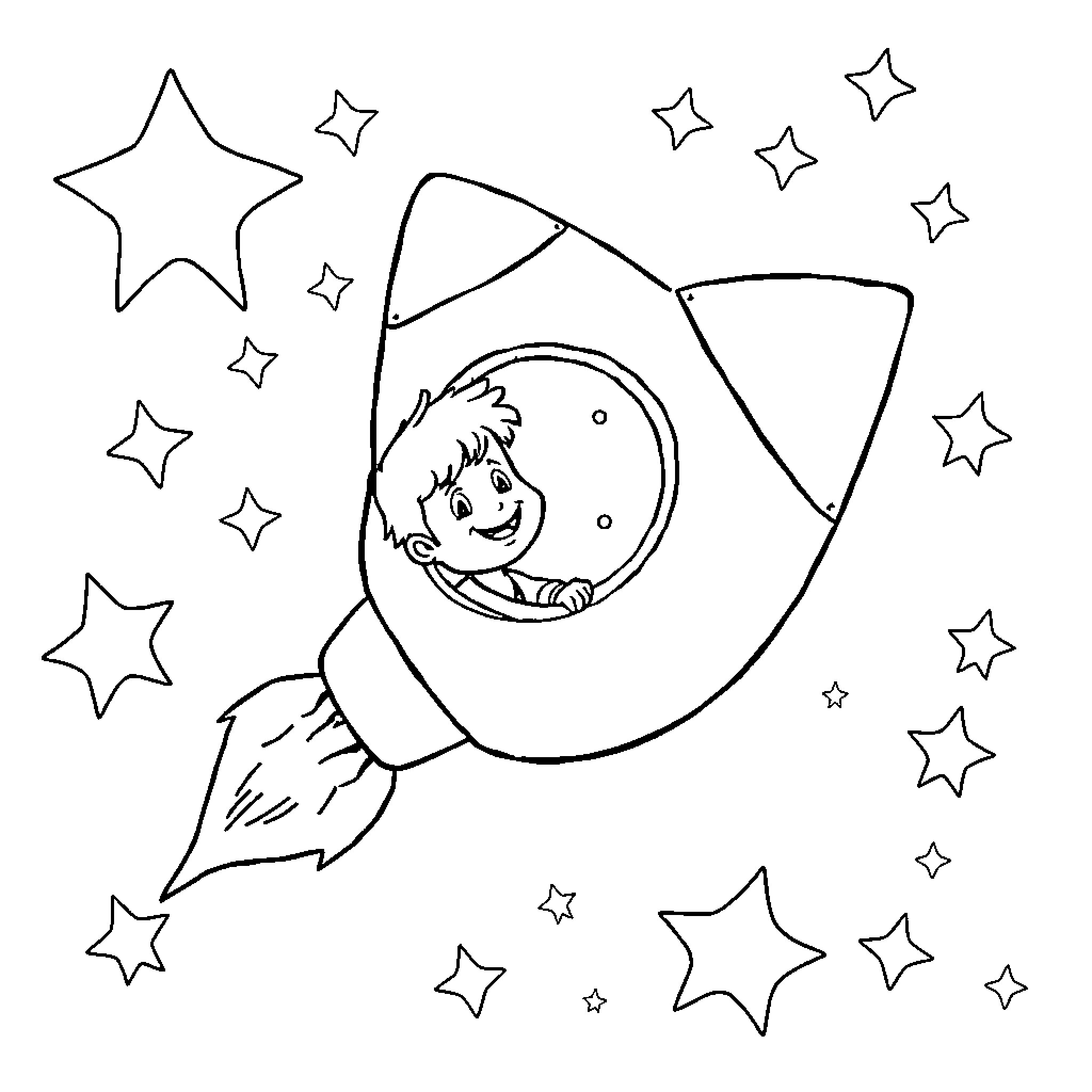 Rocket Ship Carrying a Smiling Astronaut Among the Stars Coloring Page (free black-and-white line drawing printable PDF for all, from beginners to advanced learners, including children, teens, adults, and seniors)