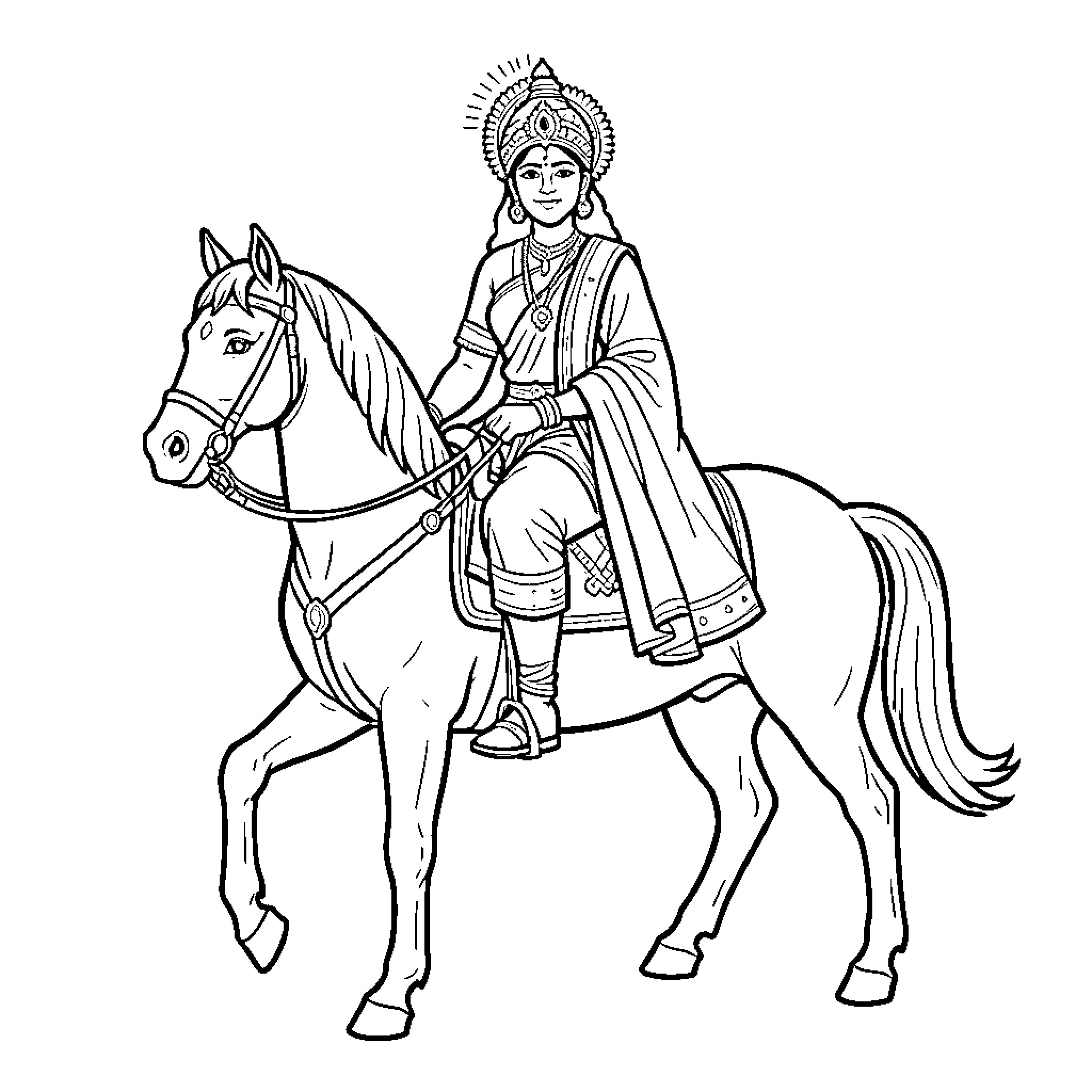 Rani Lakshmi Bai riding a horse in traditional attire Coloring Page (free black-and-white line drawing printable PDF for all, from beginners to advanced learners, including children, teens, adults, and seniors)