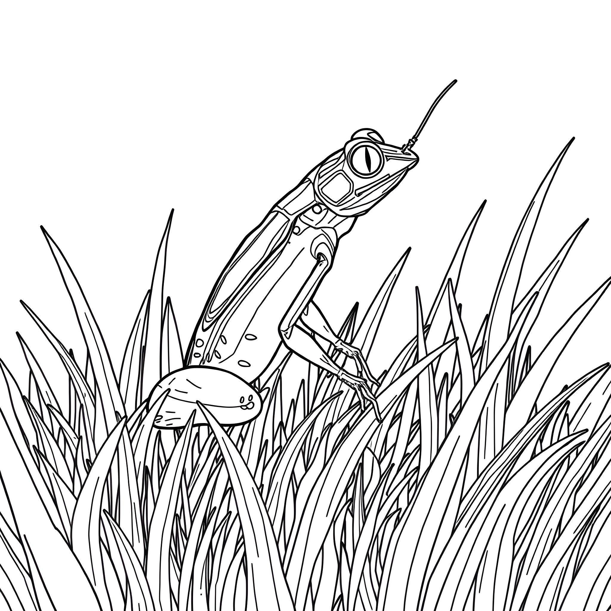 Phyllobates frog in the grass Coloring Page (free black-and-white line drawing printable PDF for all, from beginners to advanced learners, including children, teens, adults, and seniors)
