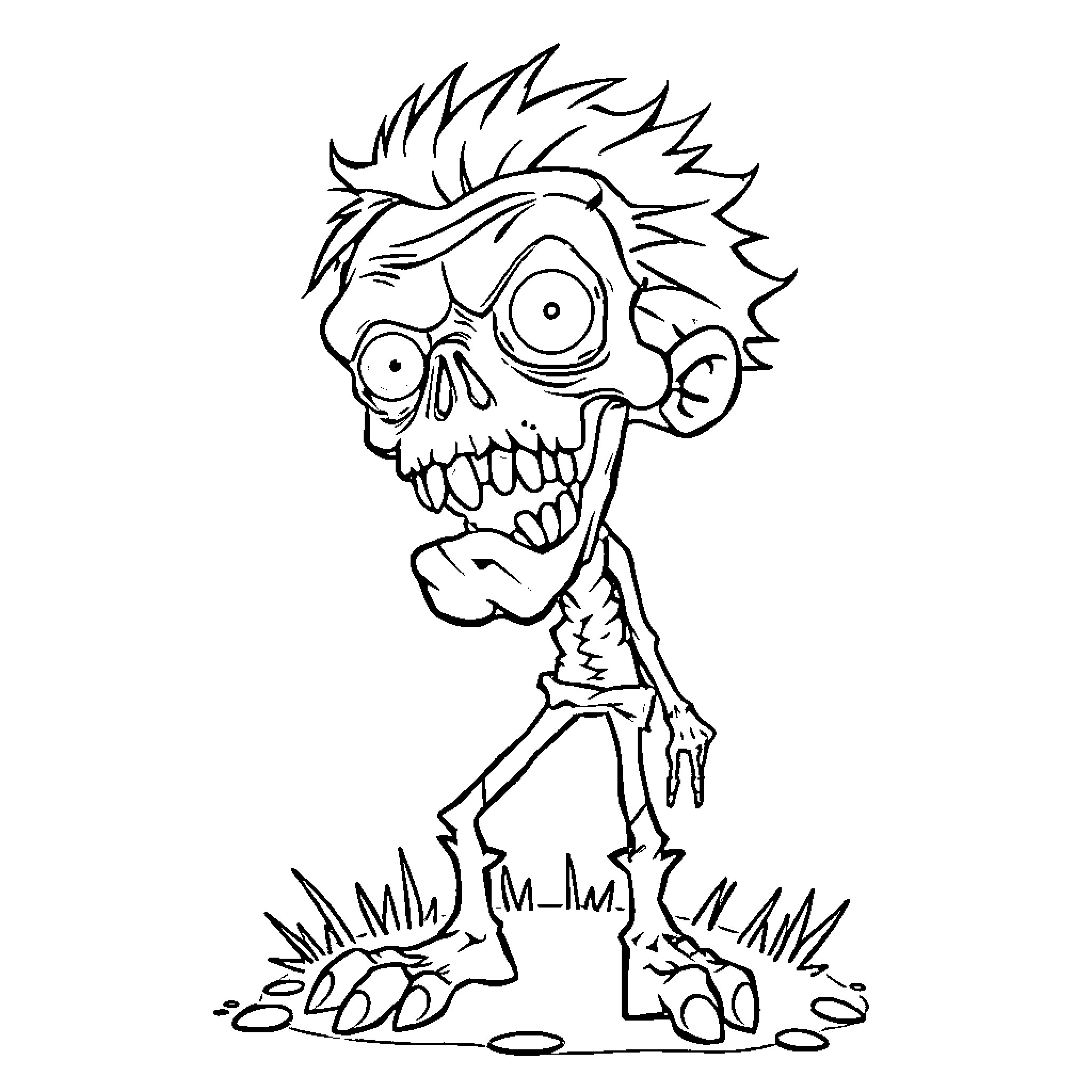 Zombie with Exaggerated Features and Pose Coloring Page (free black-and-white line drawing printable PDF for all, from beginners to advanced learners, including children, teens, adults, and seniors)