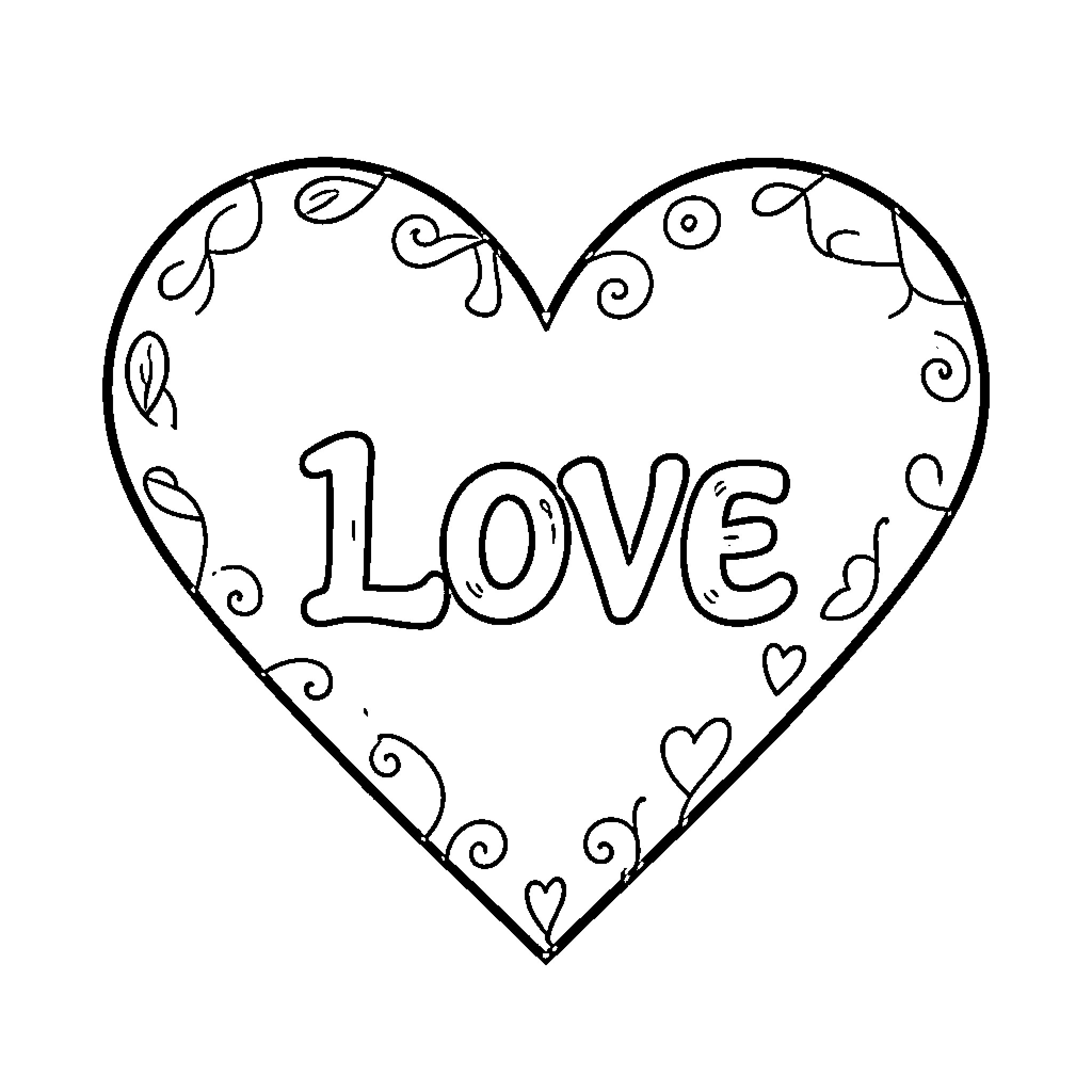 Heart shape adorned with decorative swirls and love text Coloring Page (free black-and-white line drawing printable PDF for all, from beginners to advanced learners, including children, teens, adults, and seniors)