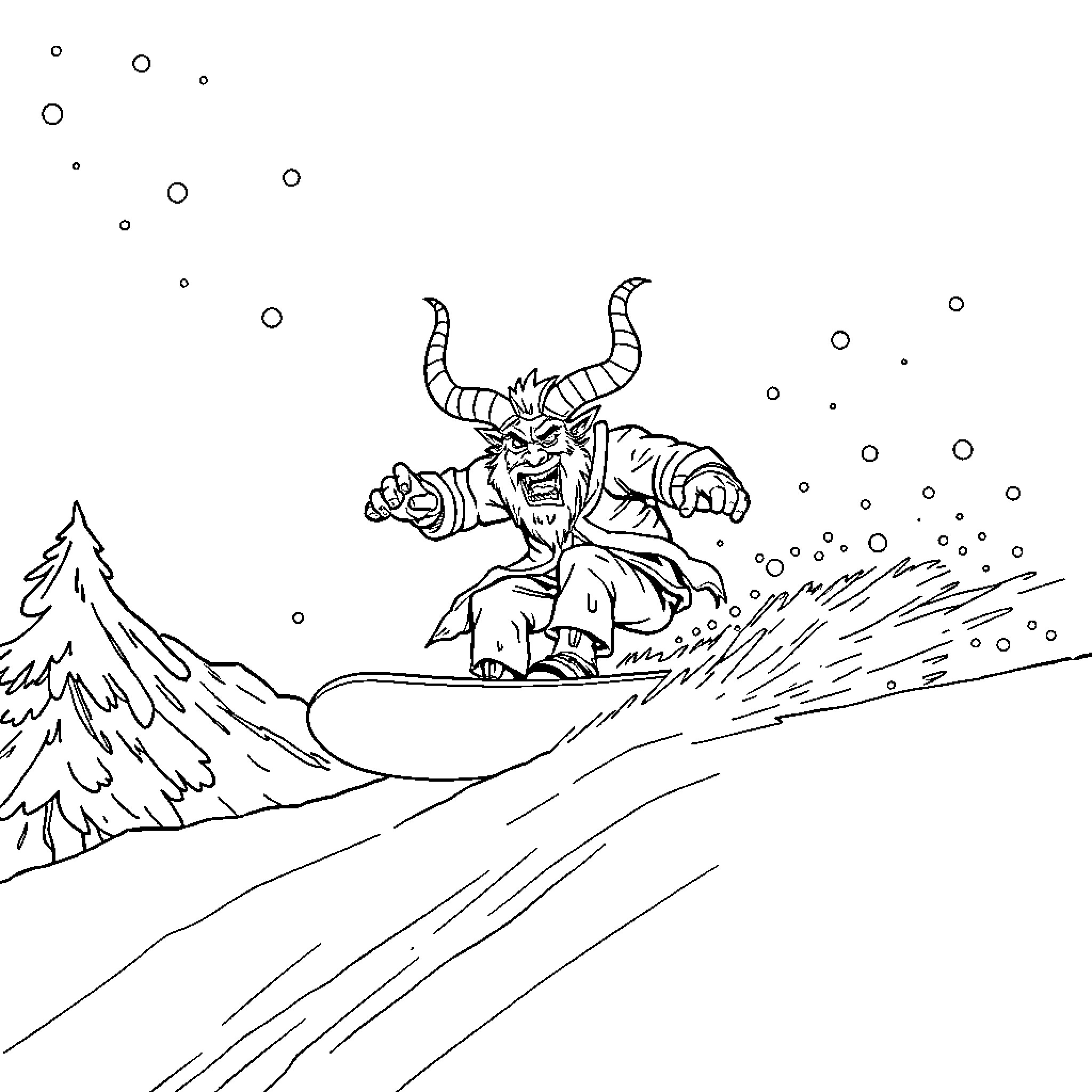 Krampus riding a sled through a snowy landscape Coloring Page (free black-and-white line drawing printable PDF for all, from beginners to advanced learners, including children, teens, adults, and seniors)