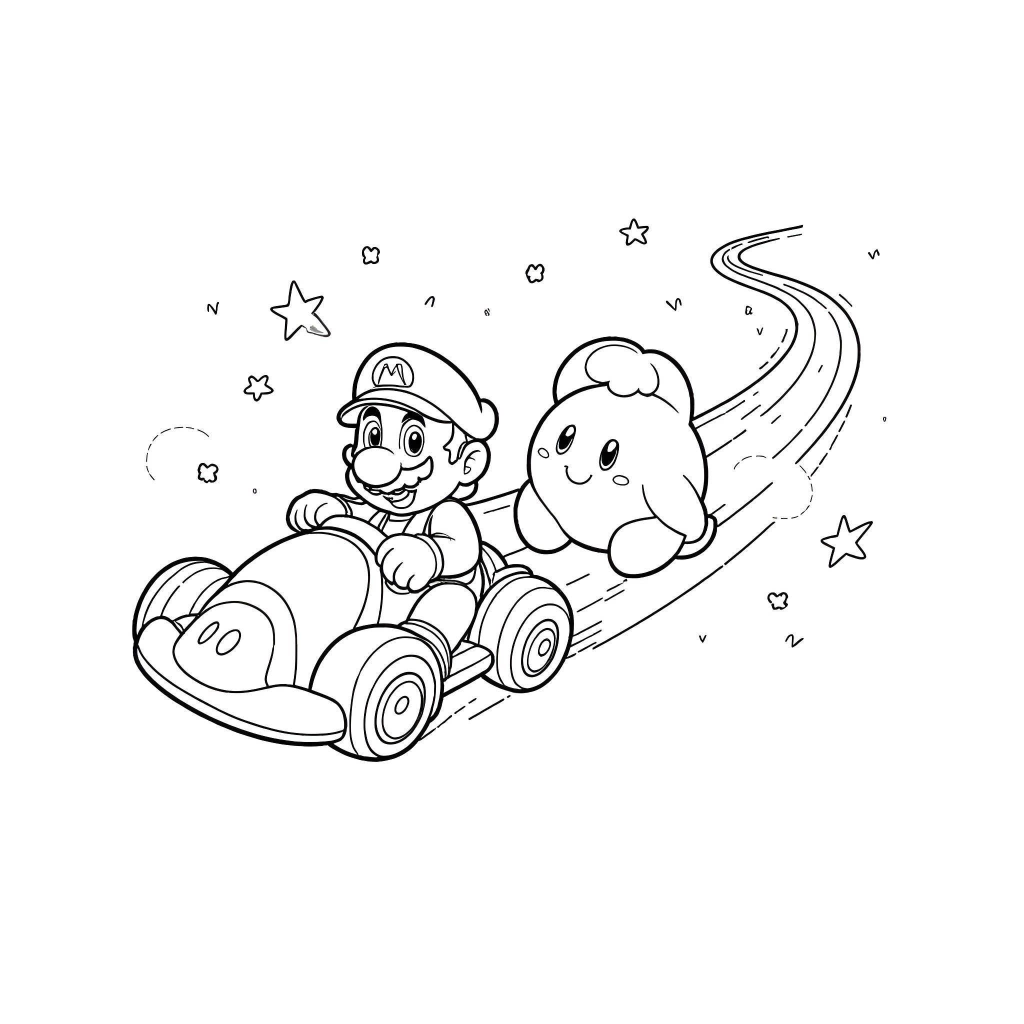 Mario and Kirby racing through the stars Coloring Page (free black-and-white line drawing printable PDF for all, from beginners to advanced learners, including children, teens, adults, and seniors)