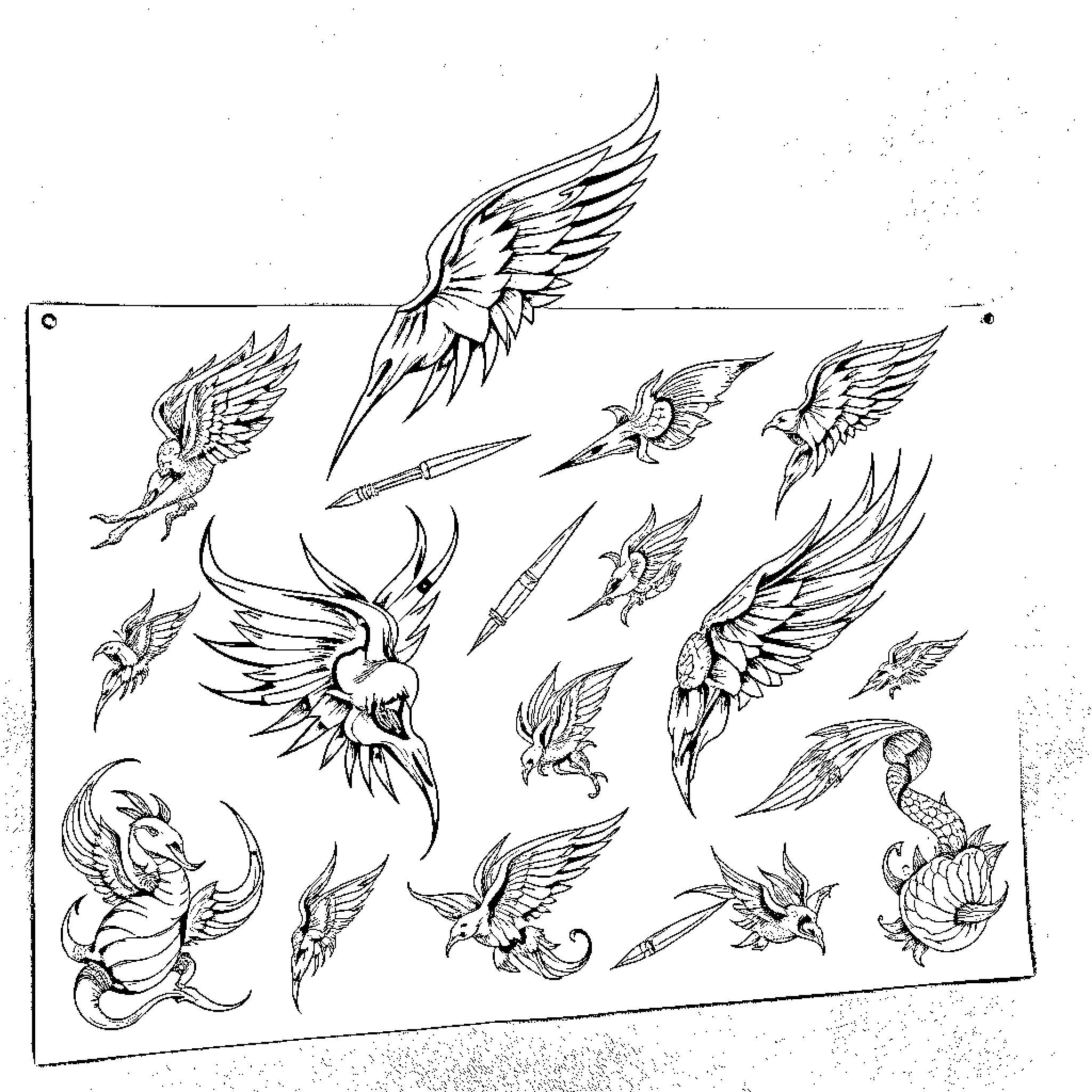 Tattoo designs featuring various wing-like motifs Coloring Page (free black-and-white line drawing printable PDF for all, from beginners to advanced learners, including children, teens, adults, and seniors)