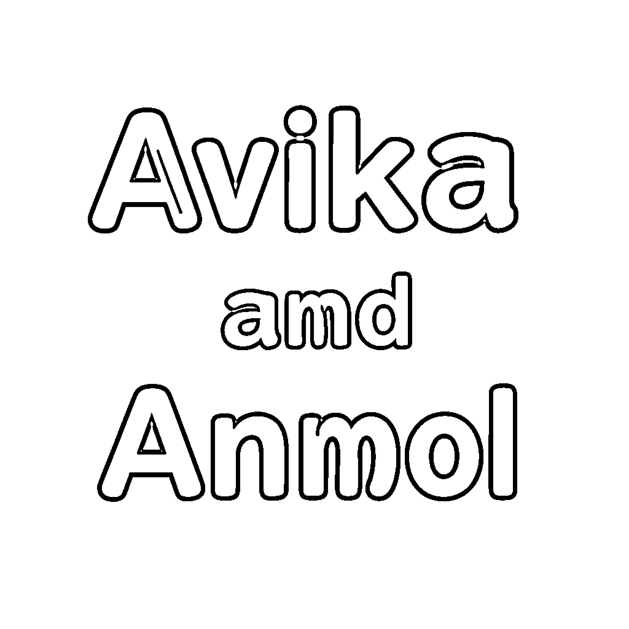 Avika and Anmol names written in hollow outlines Coloring Page (free black-and-white line drawing printable PDF for all, from beginners to advanced learners, including children, teens, adults, and seniors)