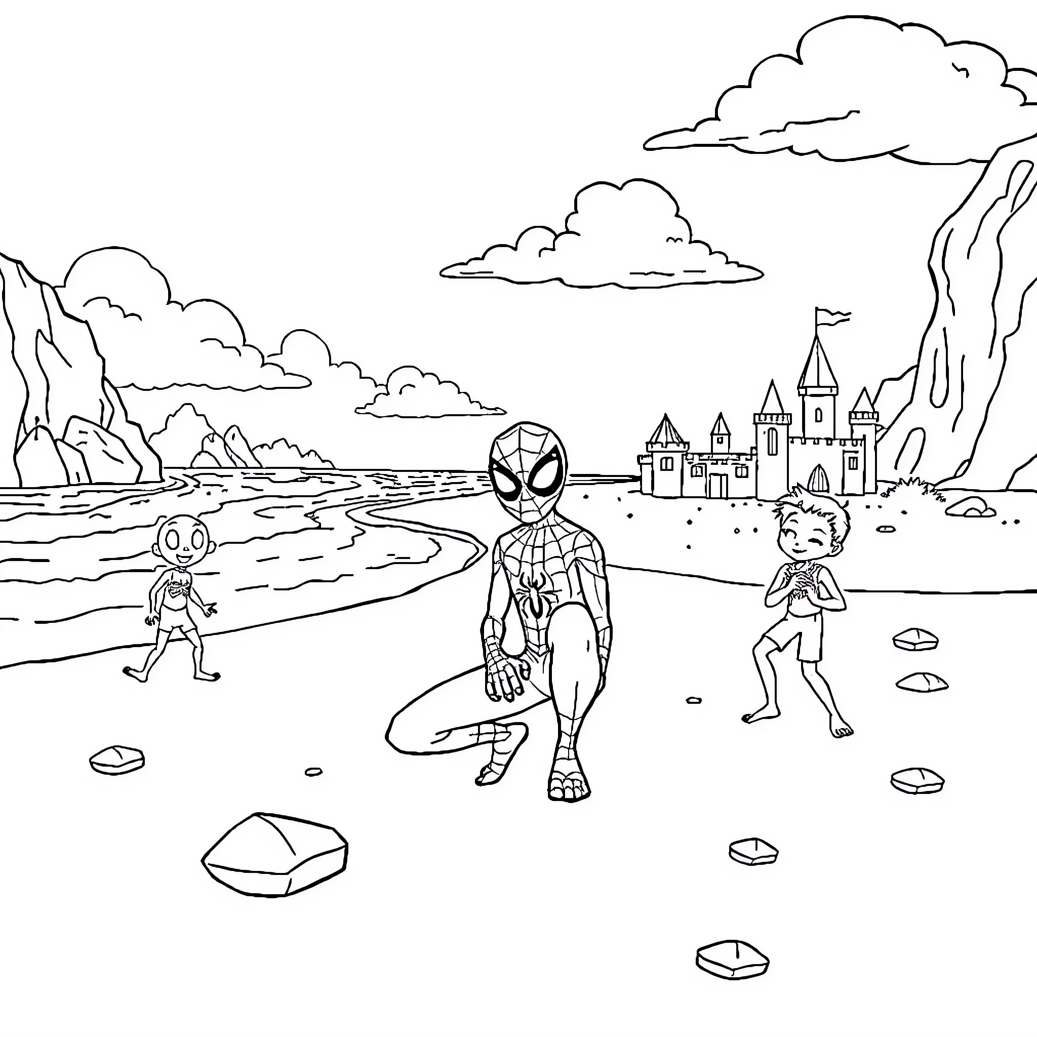 Spider-Heroes Playing on the Beach Coloring Page (free black-and-white line drawing printable PDF for all, from beginners to advanced learners, including children, teens, adults, and seniors)