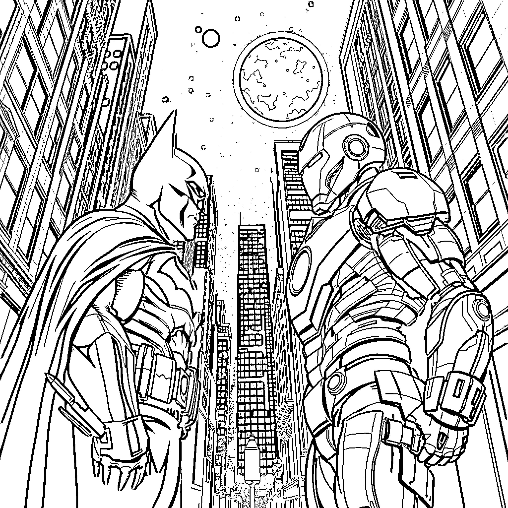 Batman and Robotic Ally Survey Cityscape at Night Coloring Page (free black-and-white line drawing printable PDF for all, from beginners to advanced learners, including children, teens, adults, and seniors)