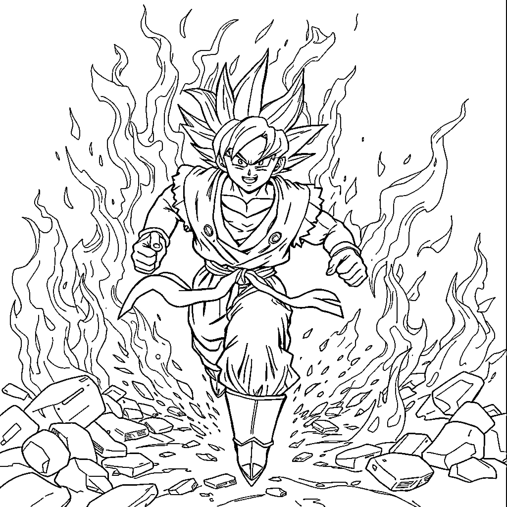 Goku's Explosive Transformation Coloring Page (free black-and-white line drawing printable PDF for all, from beginners to advanced learners, including children, teens, adults, and seniors)
