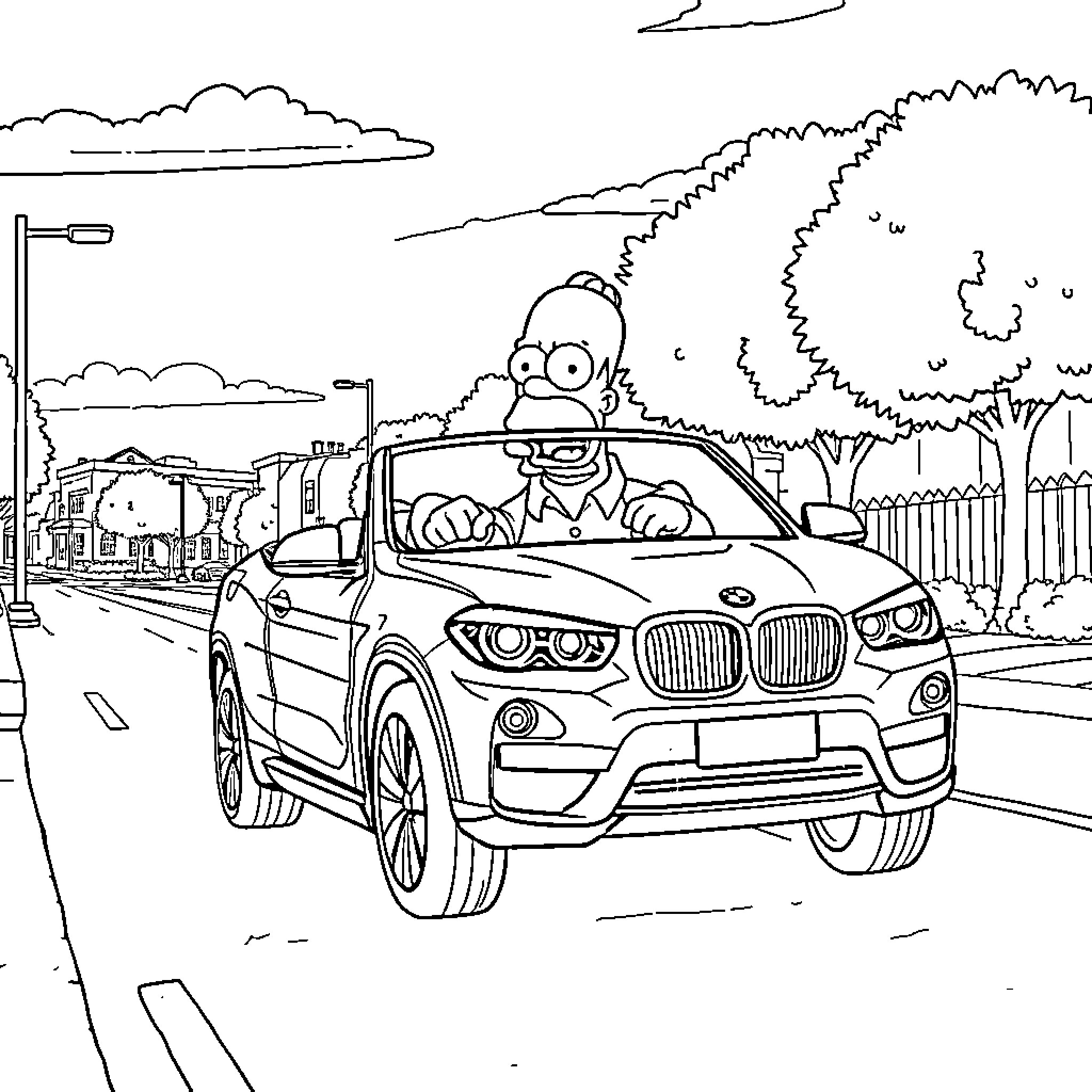 Homer Simpson driving a modern SUV on the street Coloring Page (free black-and-white line drawing printable PDF for all, from beginners to advanced learners, including children, teens, adults, and seniors)