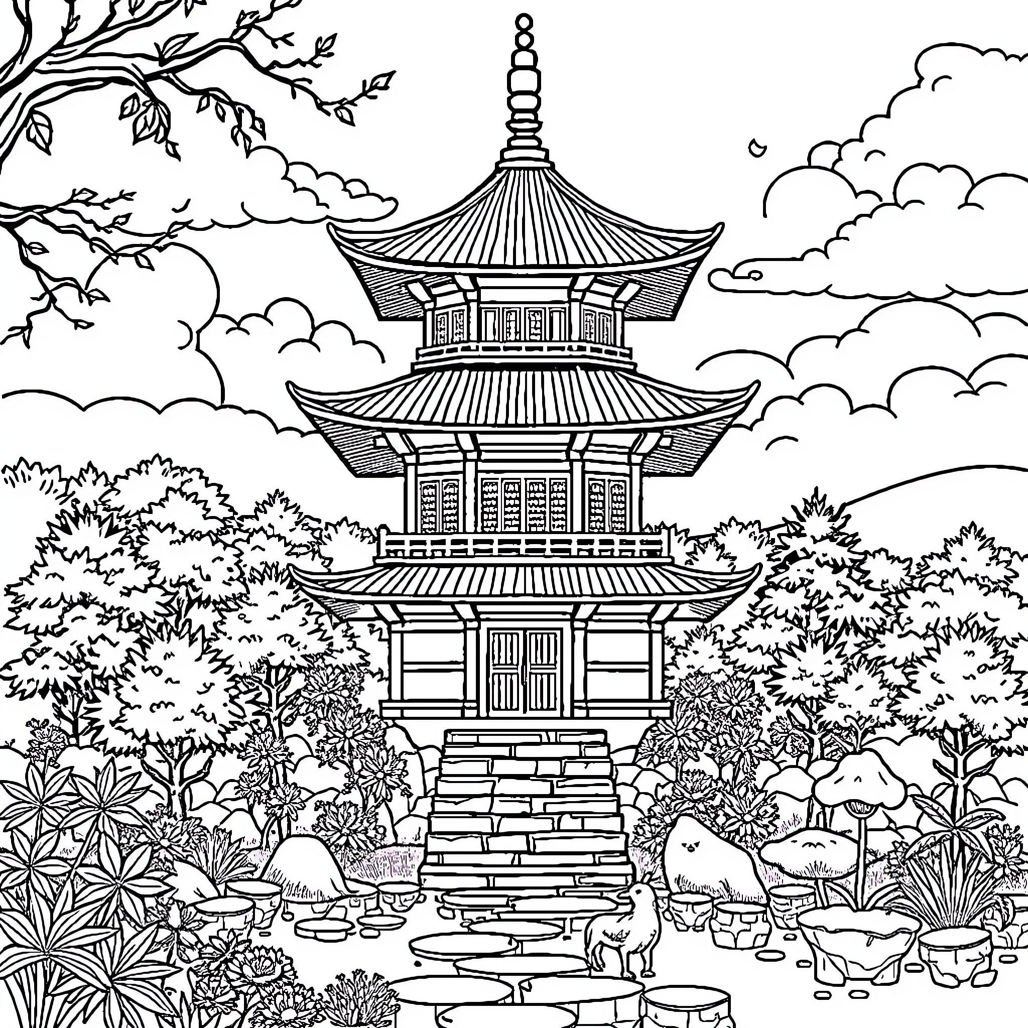 Pagoda amidst tranquil landscape Coloring Page (free black-and-white line drawing printable PDF for all, from beginners to advanced learners, including children, teens, adults, and seniors)